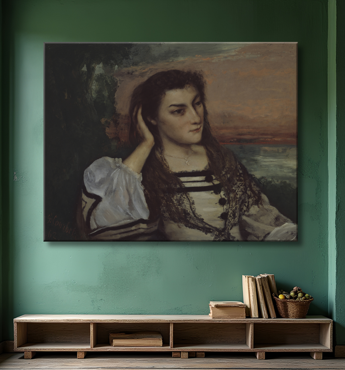 Reproduction Rêverie (Portrait of Gabrielle Borreau) de Gustave Courbet avec decor