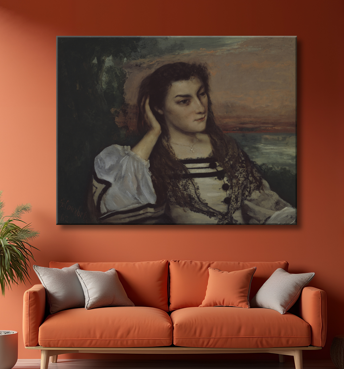Reproduction Rêverie (Portrait of Gabrielle Borreau) de Gustave Courbet avec decor