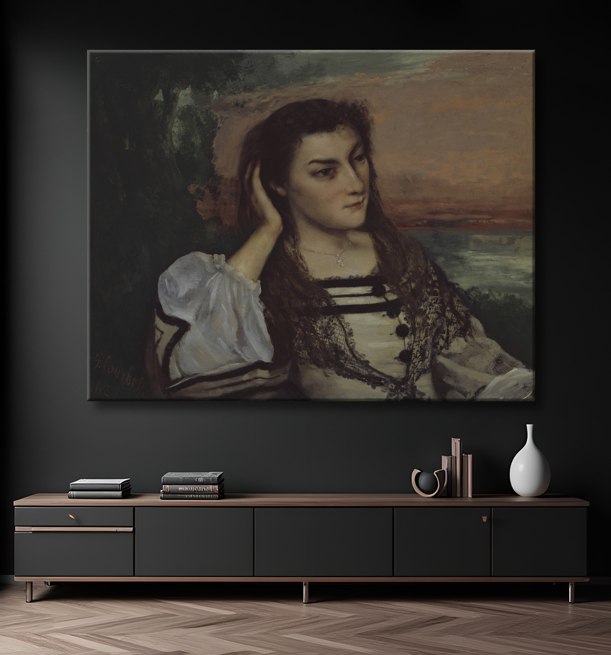 Reproduction Rêverie (Portrait of Gabrielle Borreau) de Gustave Courbet avec decor