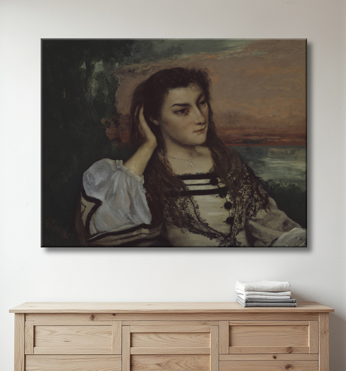 Reproduction Rêverie (Portrait of Gabrielle Borreau) de Gustave Courbet avec decor