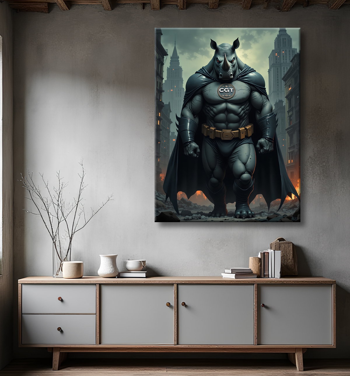 Tableau rhinocéros syndicaliste | Art urbain dystopique et engagé avec decor