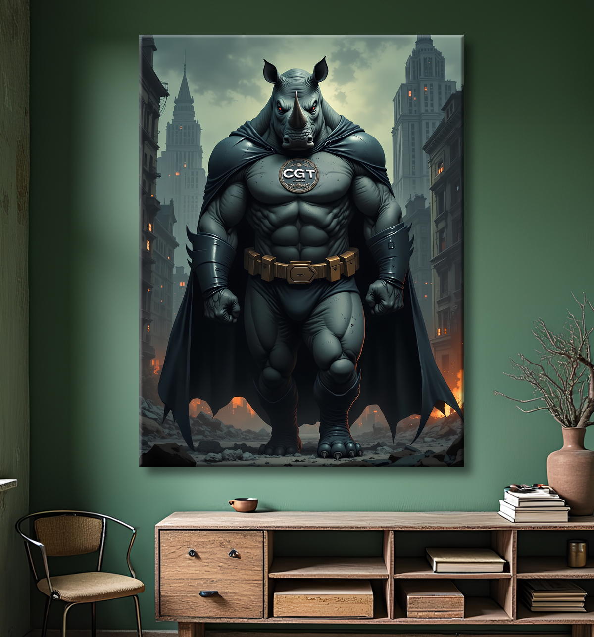 Un tableau rhinocéros musclé et menaçant, super-héro noir dans une ville en ruine. Une toile inspirée de la science-fiction urbaine avec clin d'œil syndical détourné.