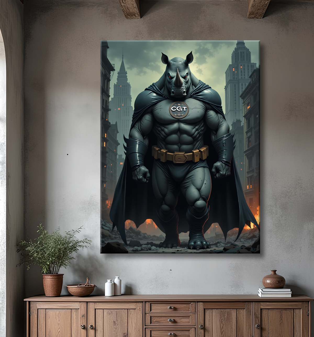 Tableau rhinocéros syndicaliste | Art urbain dystopique et engagé avec decor