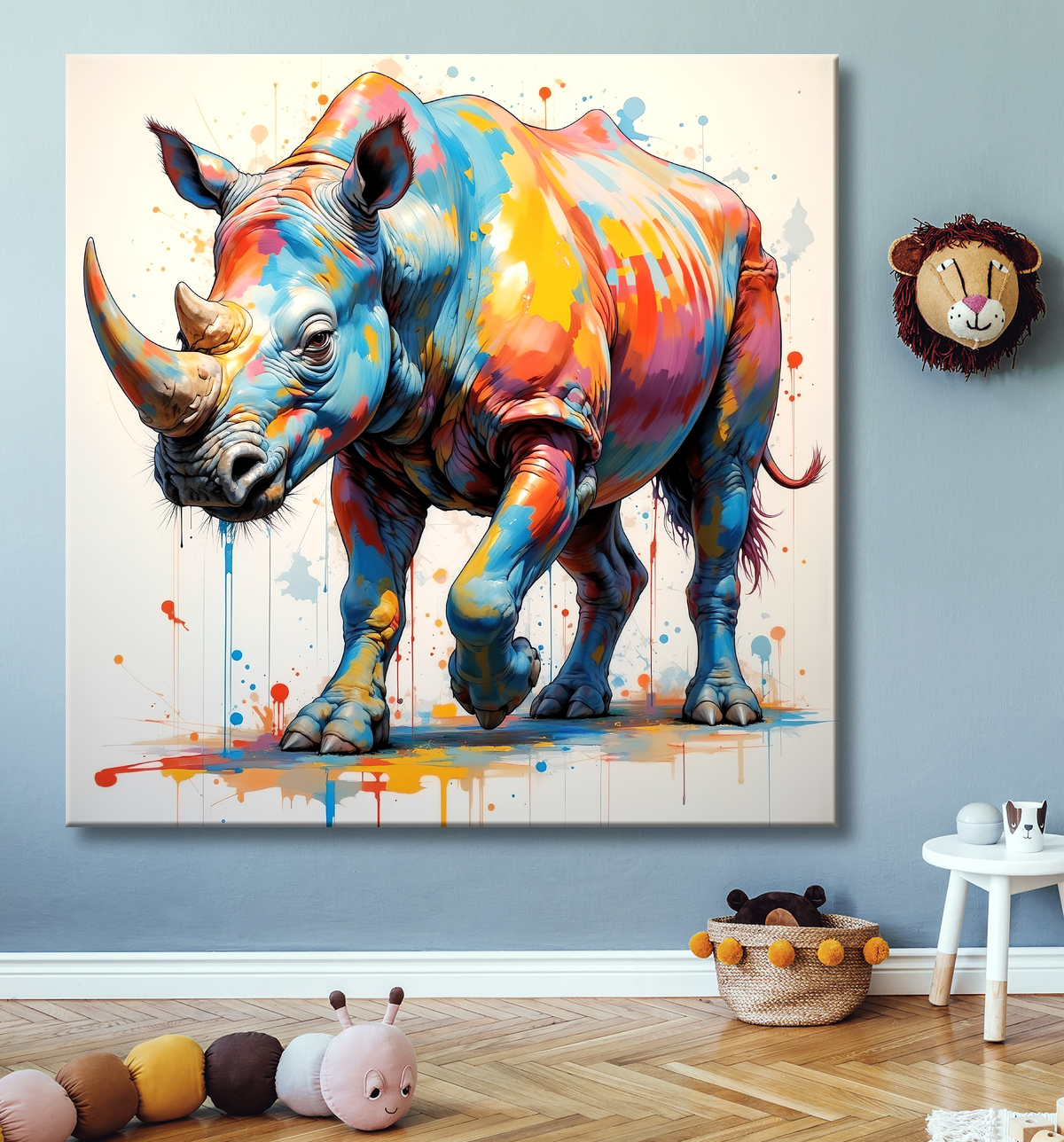 Tableau rhinocéros pop art - Explosion de formes et couleurs stylisées avec decor