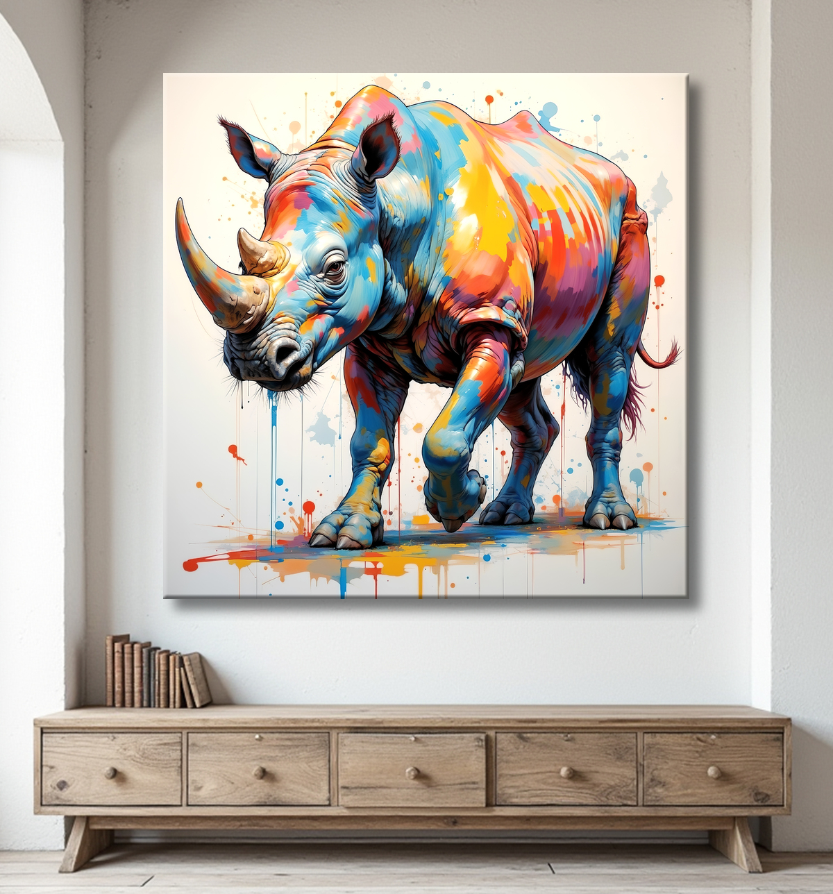 Tableau rhinocéros pop art - Explosion de formes et couleurs stylisées avec decor