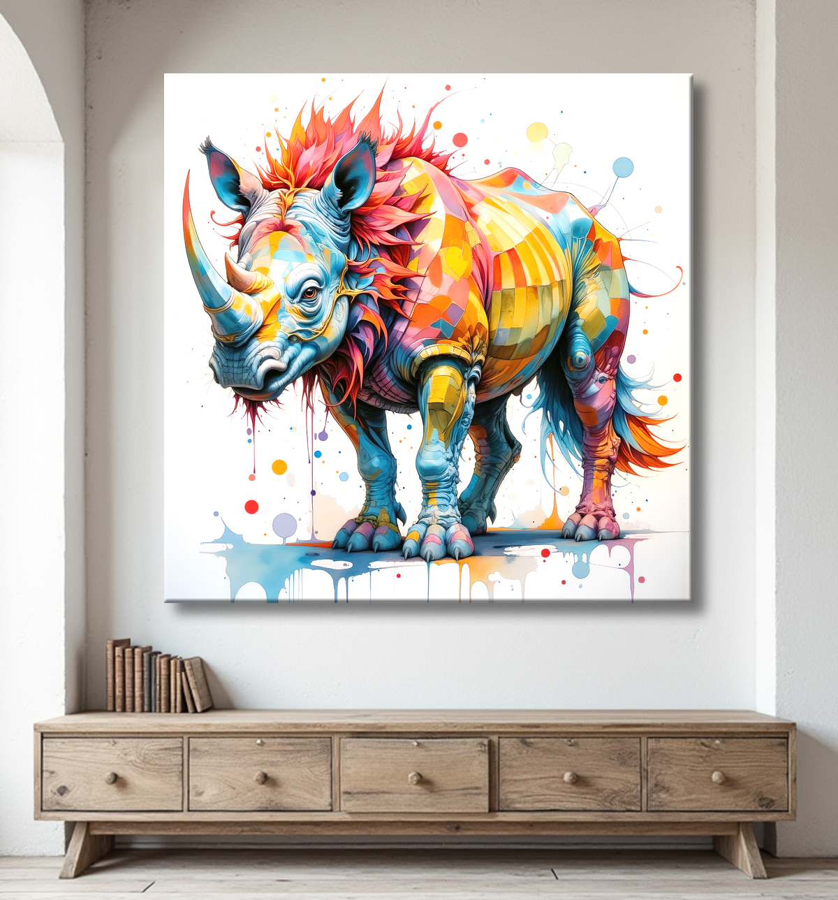 Tableau rhinocéros pop art - Explosion de formes et couleurs stylisées avec decor