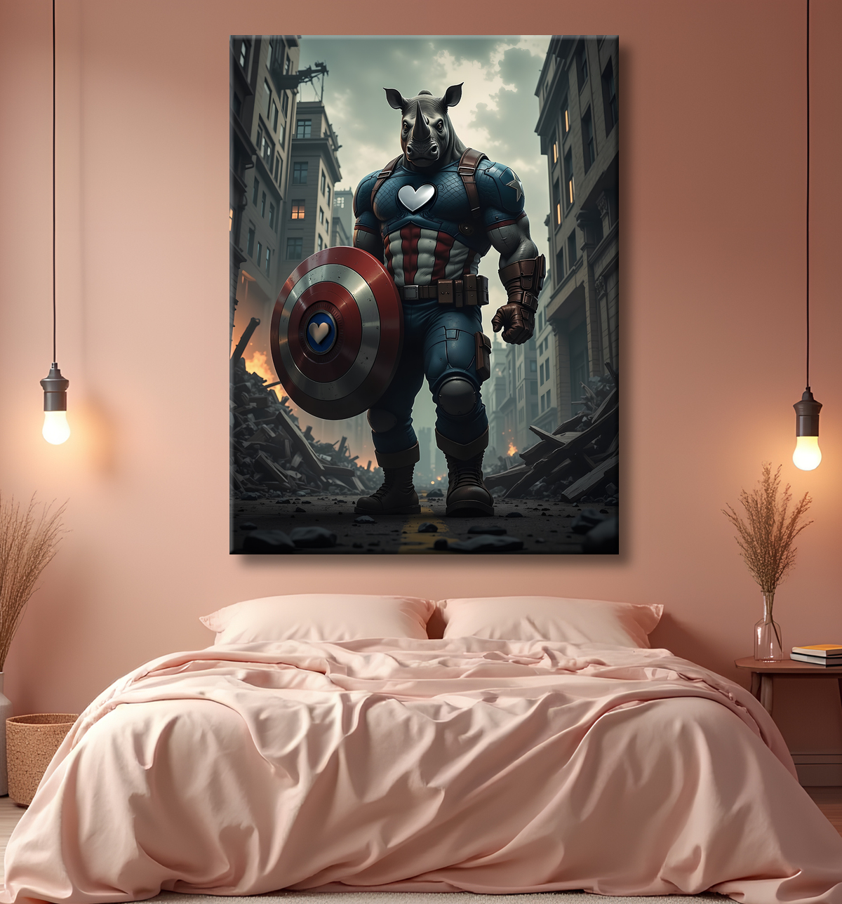 Tableau rhinocéros super-héros | Toile expressive décalée et futuriste avec decor
