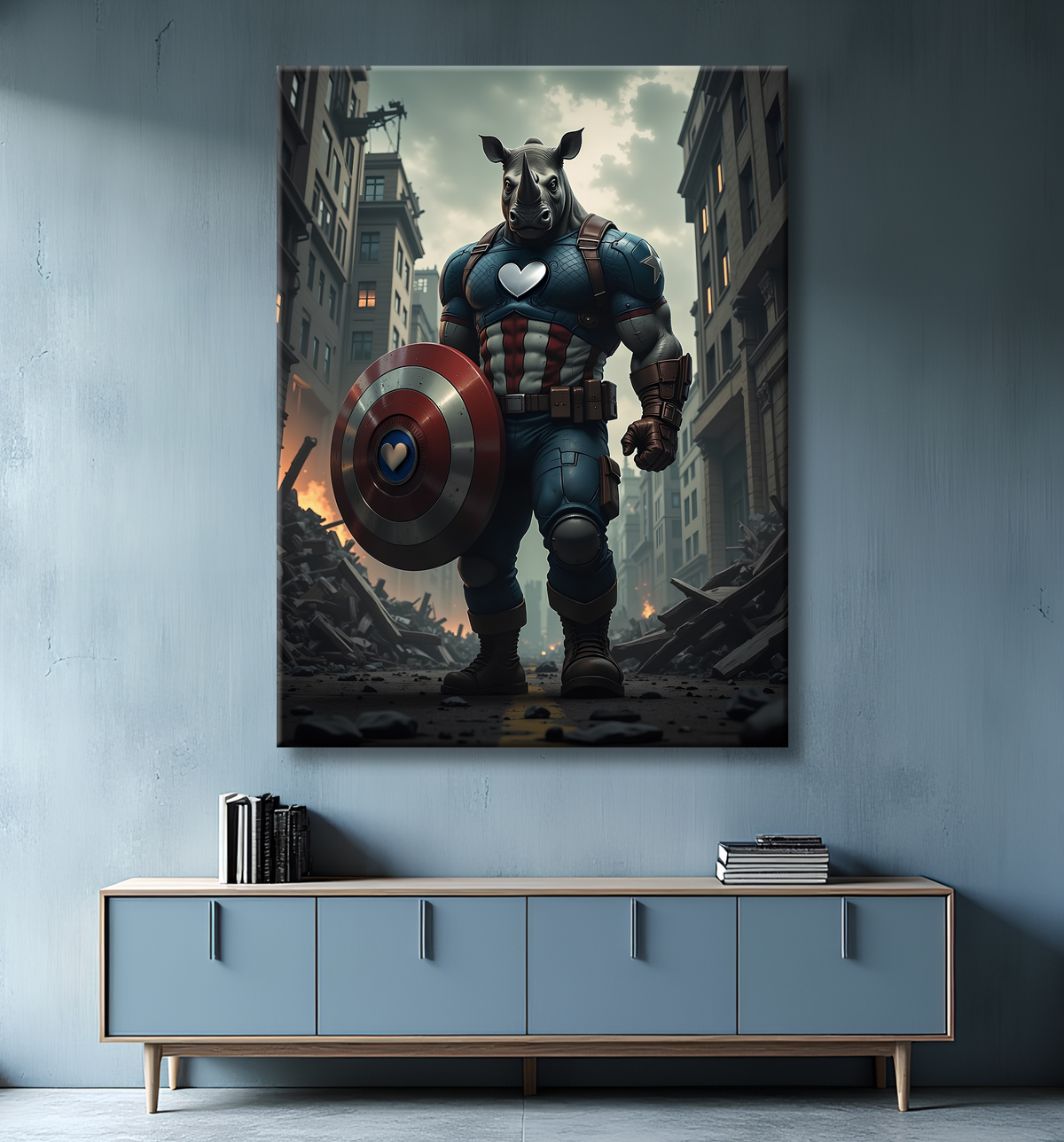 Tableau rhinocéros super-héros | Toile expressive décalée et futuriste avec decor