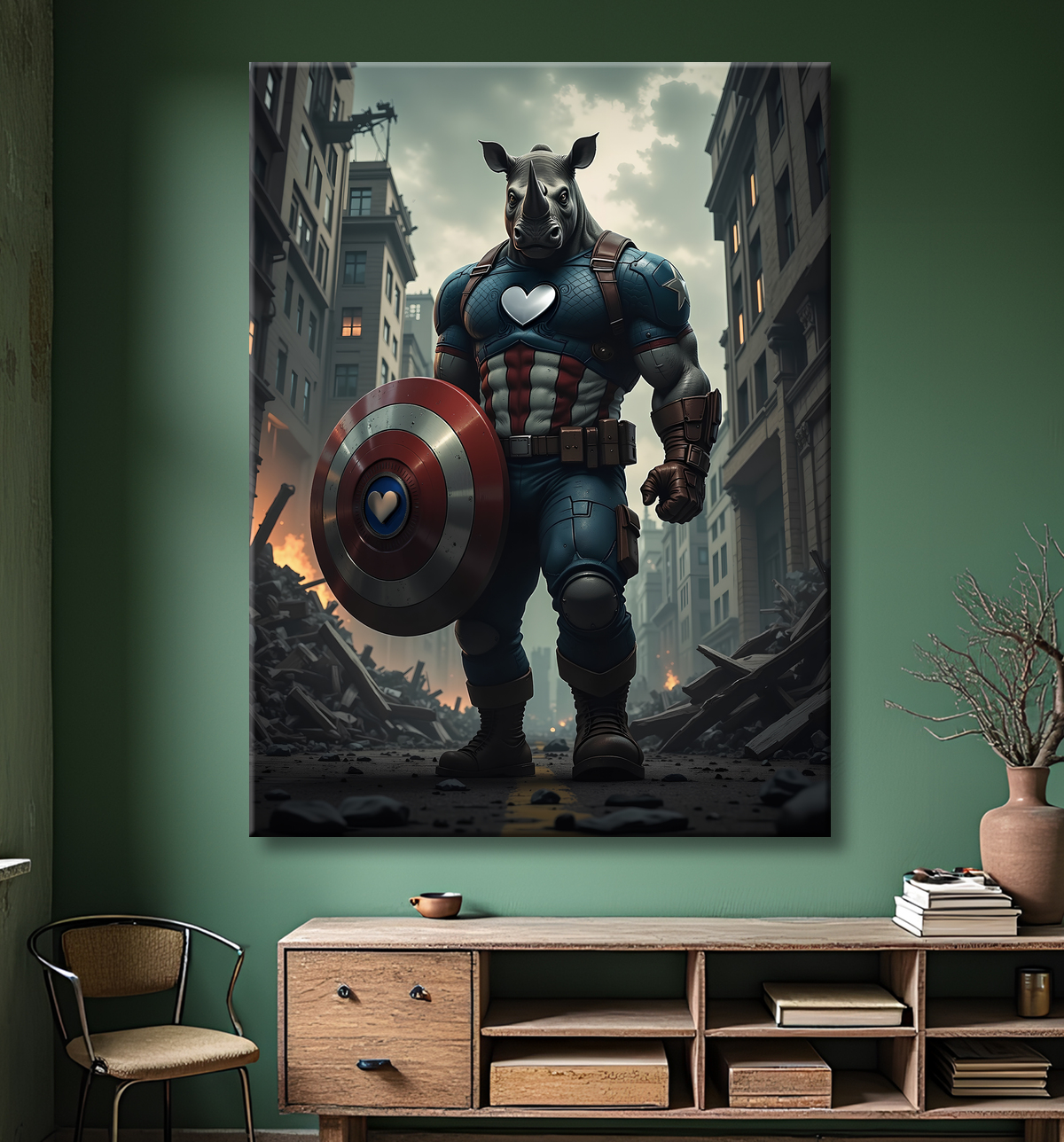 Tableau rhinocéros super-héros | Toile expressive décalée et futuriste avec decor