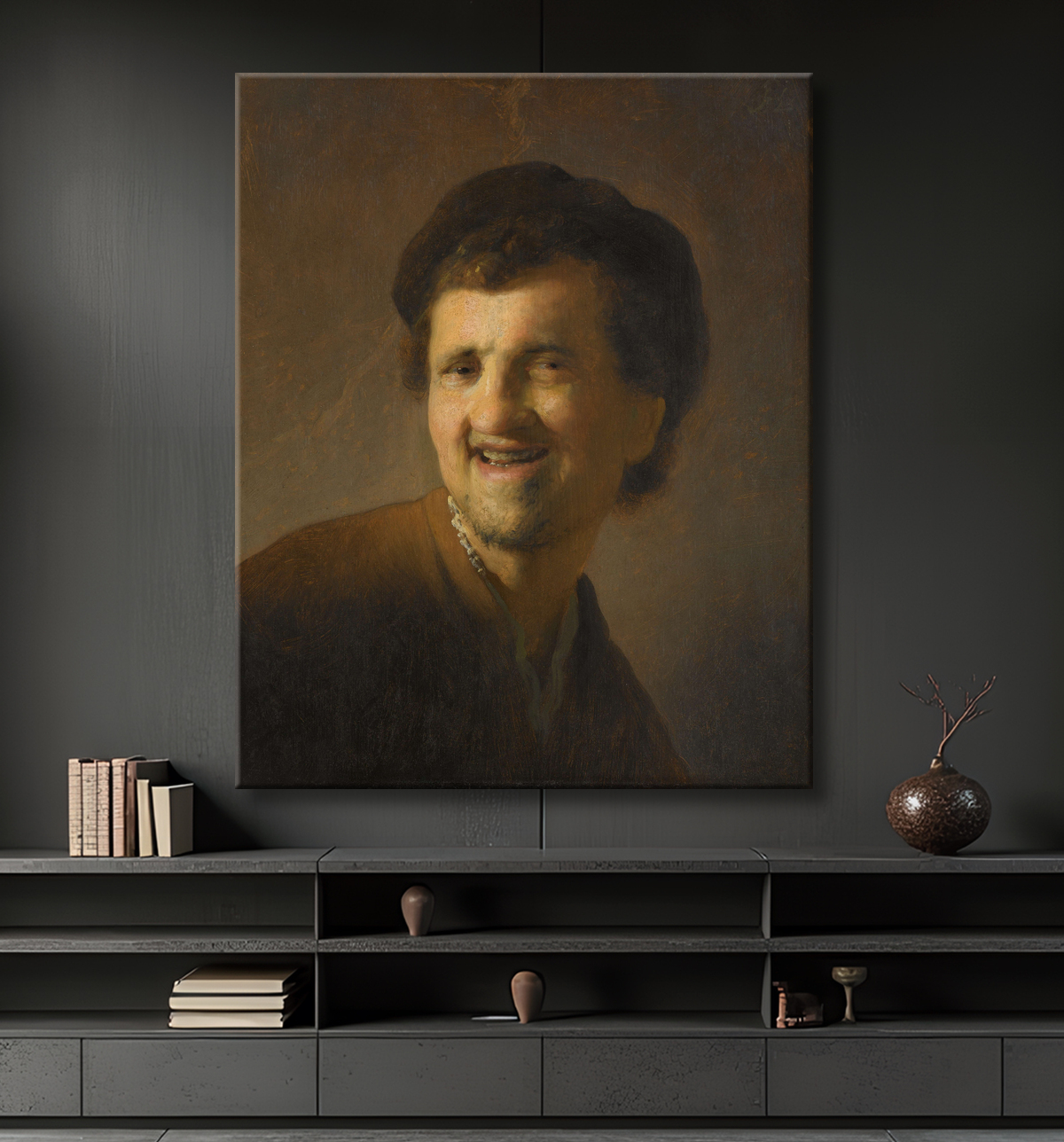 Reproduction rire, jeune homme de Rembrandt van Rijn avec decor