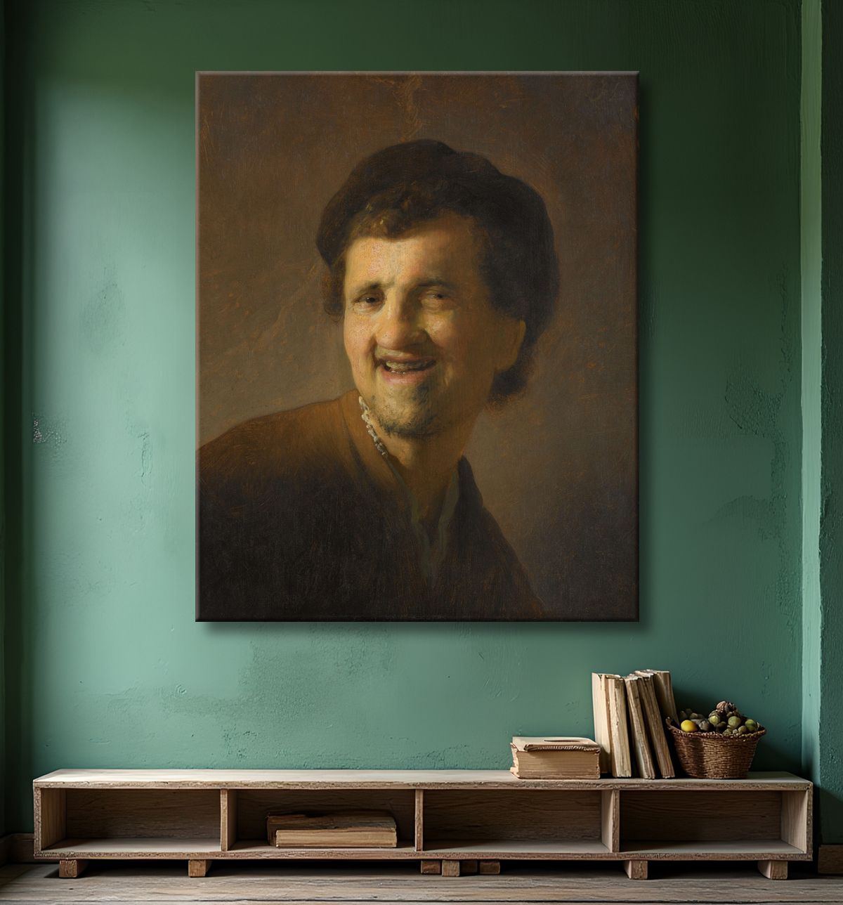 Reproduction rire, jeune homme de Rembrandt van Rijn avec decor