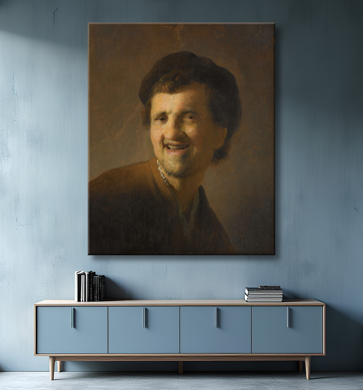Reproduction rire, jeune homme de Rembrandt van Rijn avec decor