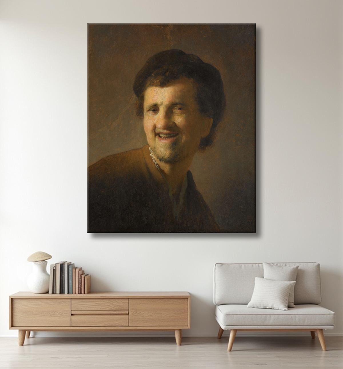 Reproduction rire, jeune homme de Rembrandt van Rijn avec decor