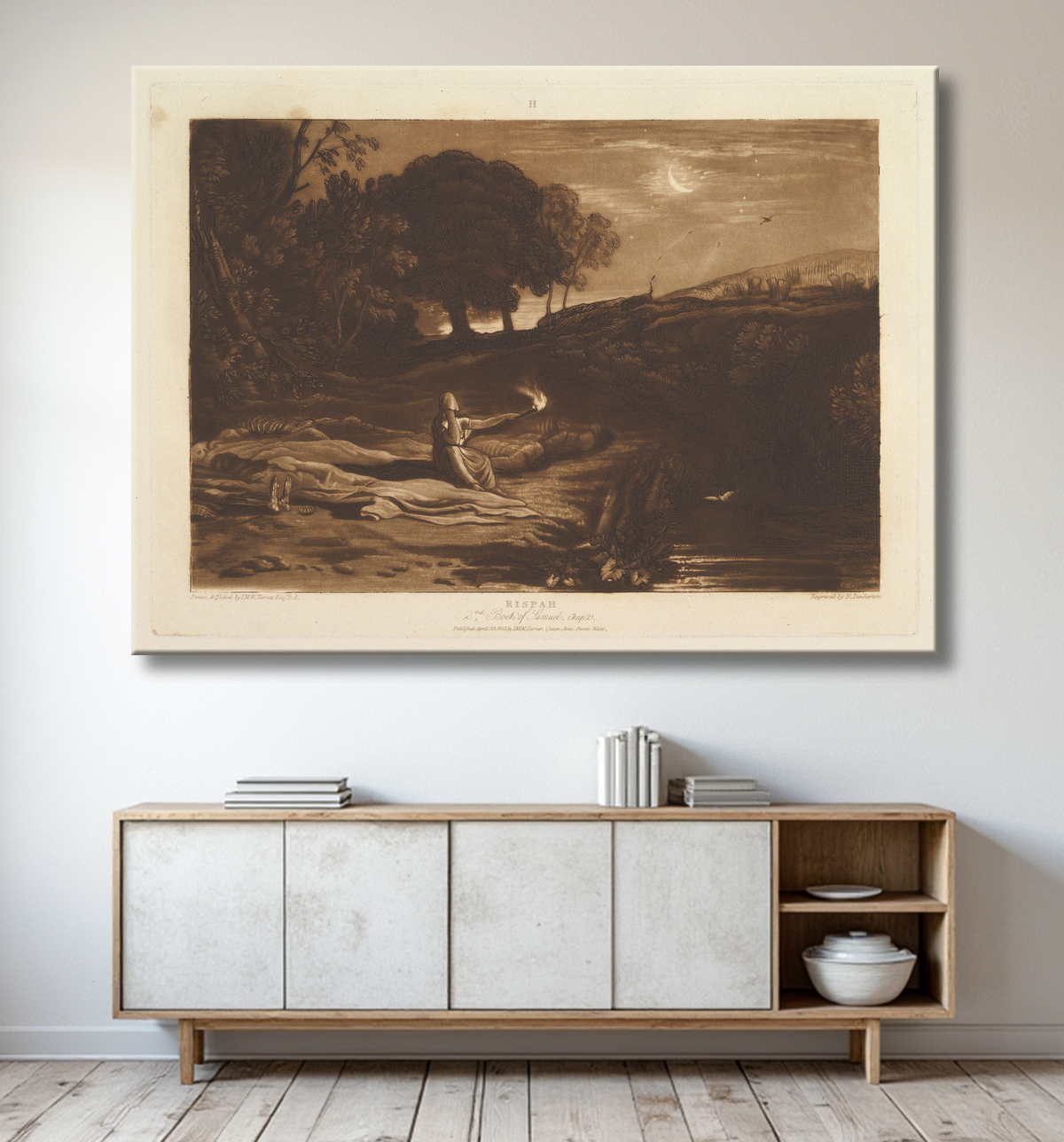 Reproduction Rispah, 2e livre de Samuel, chapitre 21 (Liber Studiorum, partie IX, planche 46) de Joseph Mallord William Turner avec decor