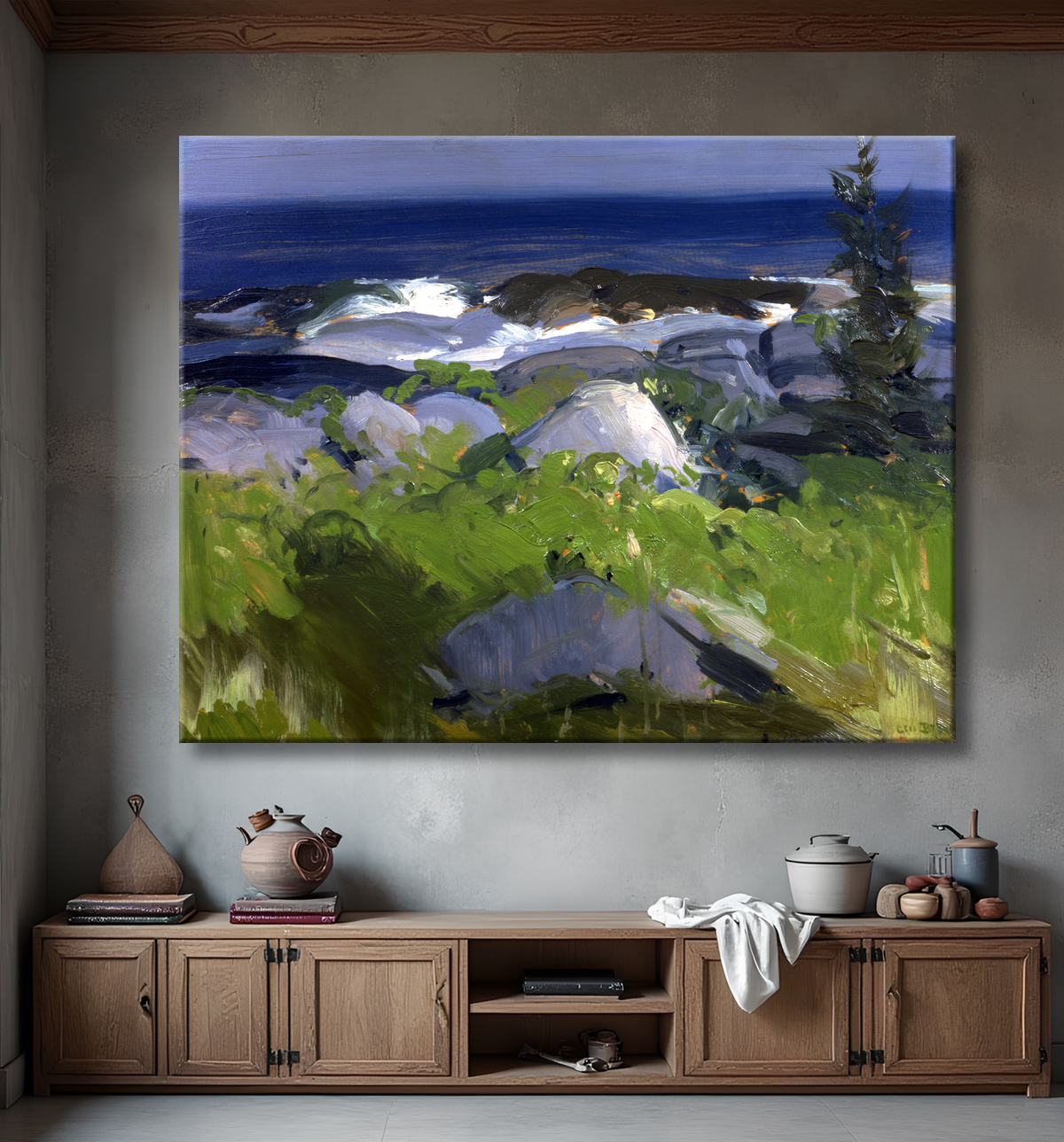 Reproduction Rivage recouvert de vigne - île de Monhegan de George Bellows, born Columbus, OH 1882-died New York City 1925 avec decor