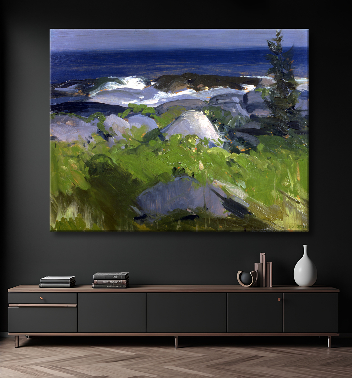 Reproduction Rivage recouvert de vigne - île de Monhegan de George Bellows, born Columbus, OH 1882-died New York City 1925 avec decor