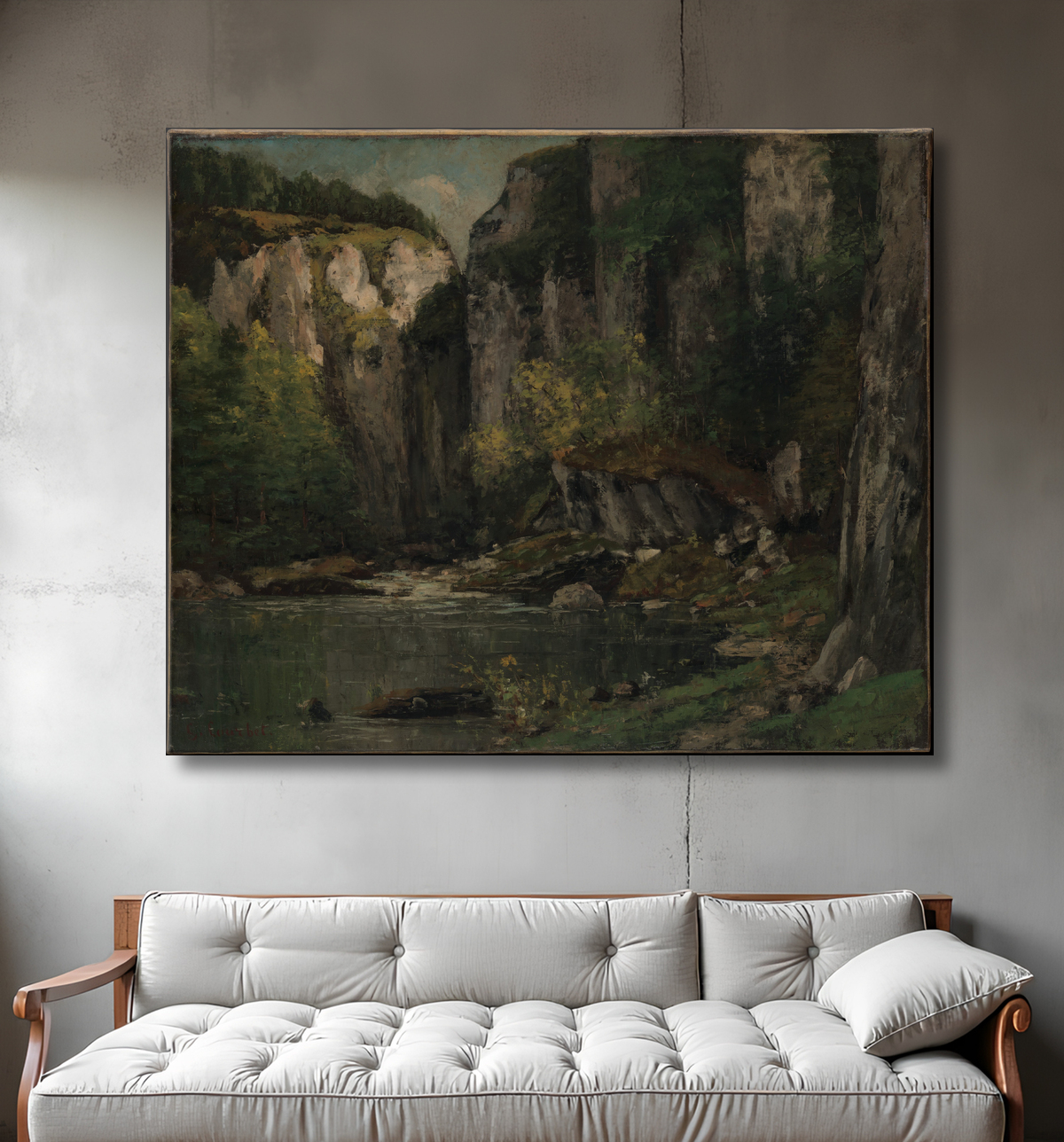 Reproduction Rivière et rochers de Gustave Courbet avec decor