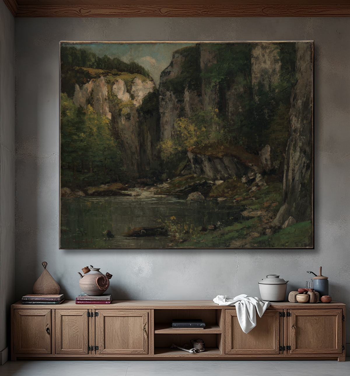 Reproduction Rivière et rochers de Gustave Courbet avec decor