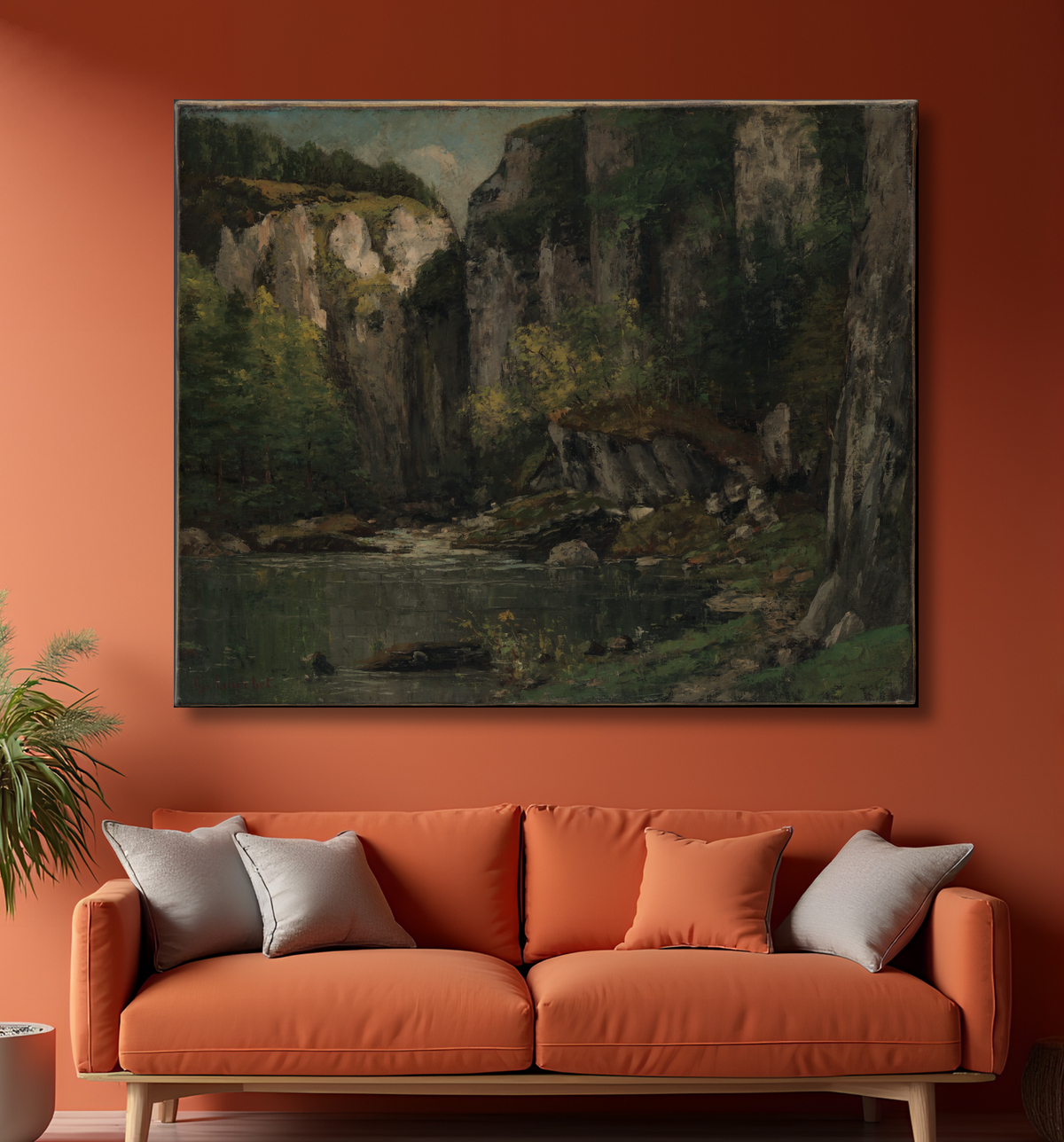 Reproduction Rivière et rochers de Gustave Courbet avec decor