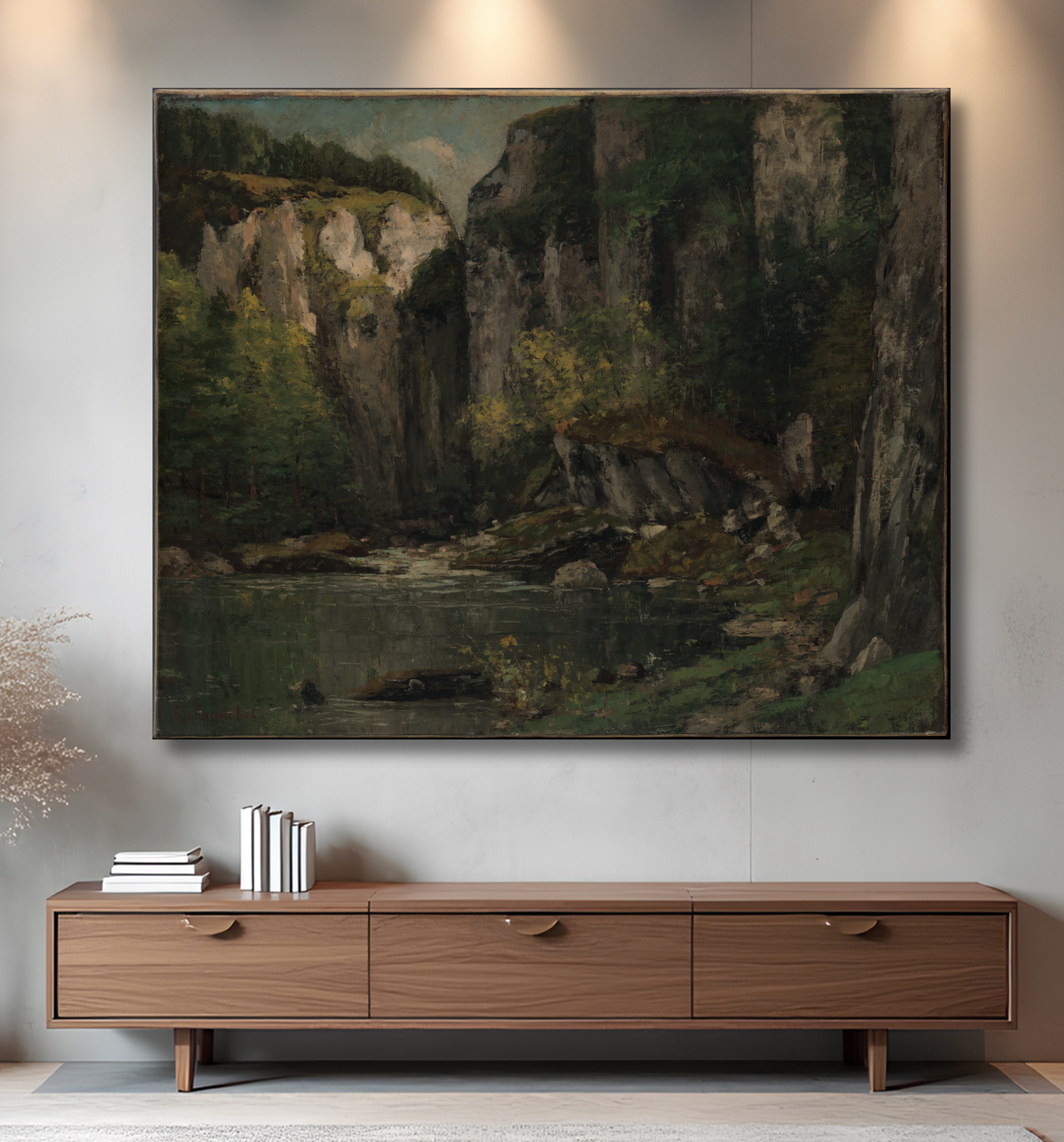 Reproduction Rivière et rochers de Gustave Courbet avec decor