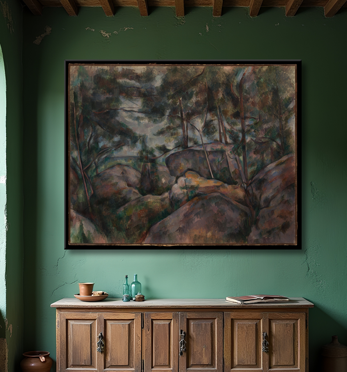 Reproduction Rochers dans la forêt de Paul Cézanne avec decor