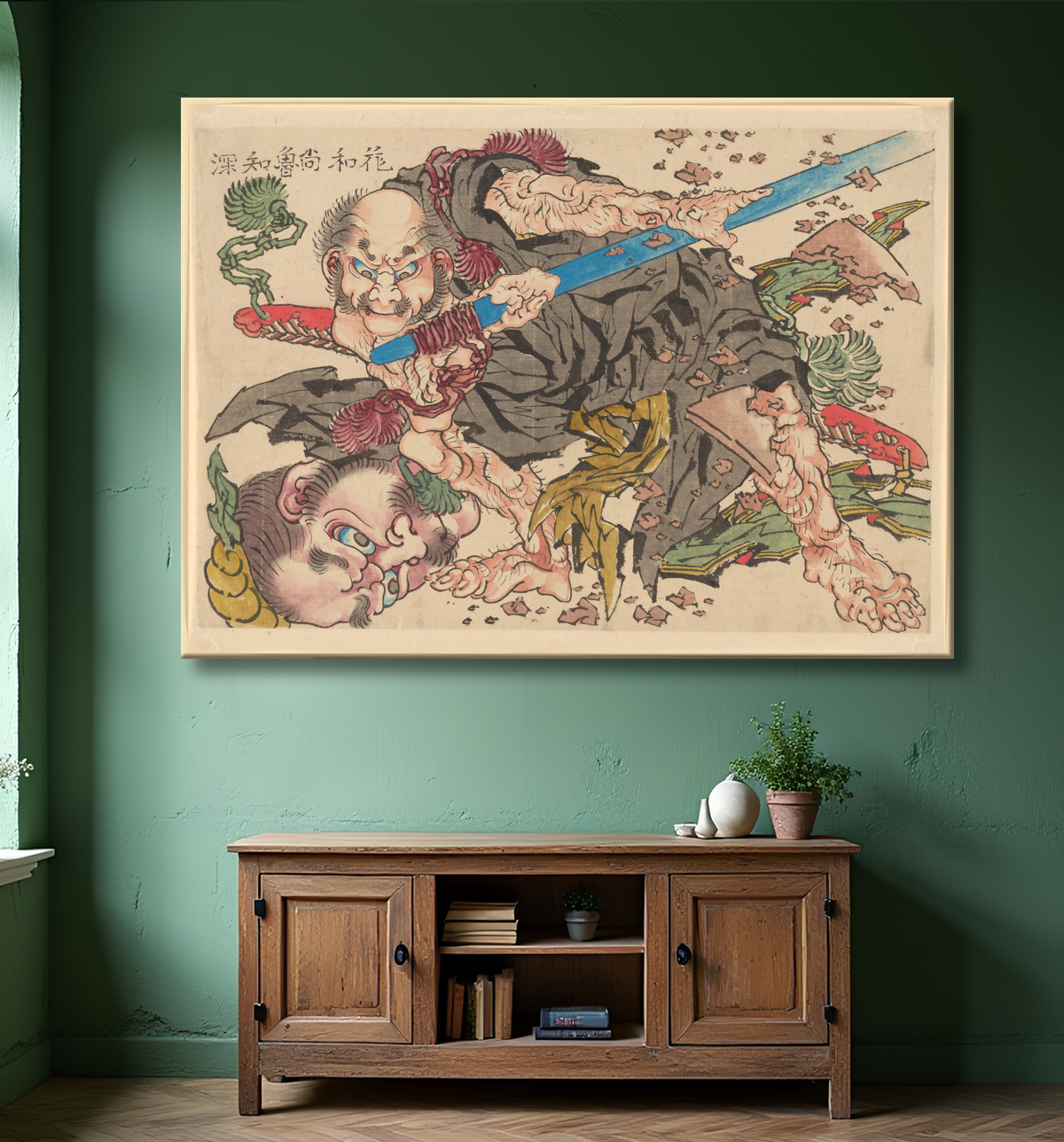 Reproduction Rochishin coupant la tête de Nio de Katsushika Hokusai avec decor