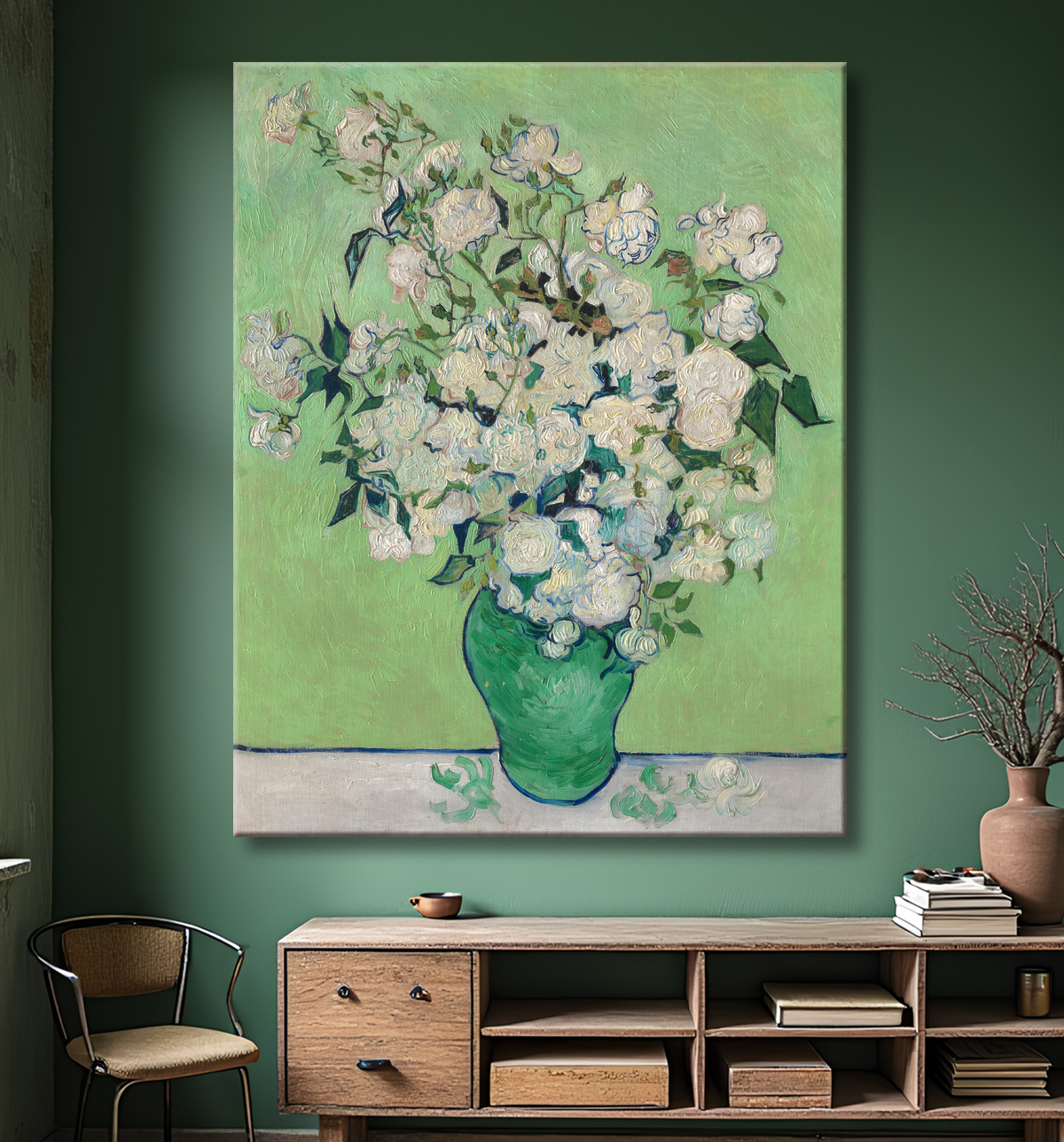 Reproduction du célèbre tableau Roses de Vincent van Gogh sur toile premium : impression qualité musée, formats variés et fabrication artisanale française pour votre déco murale !