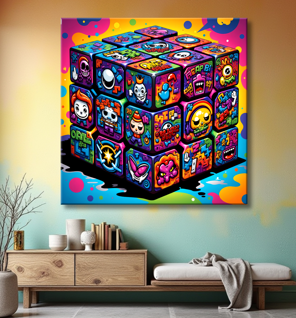 Tableau Rubik's Cube street art avec decor