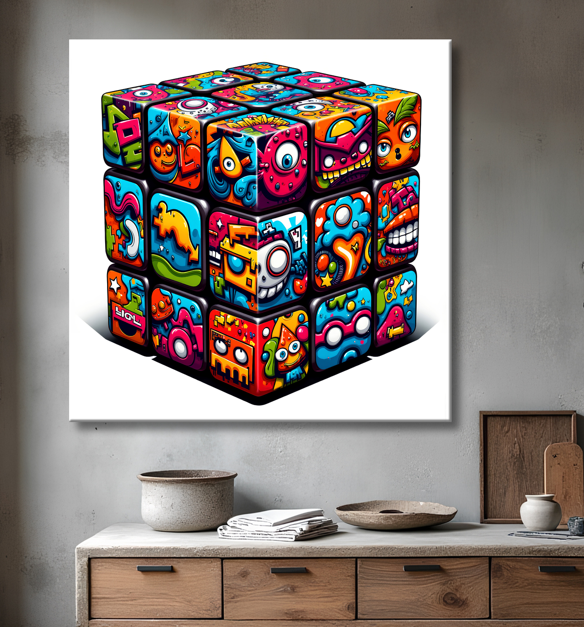 Tableau Rubik's Cube street art avec decor