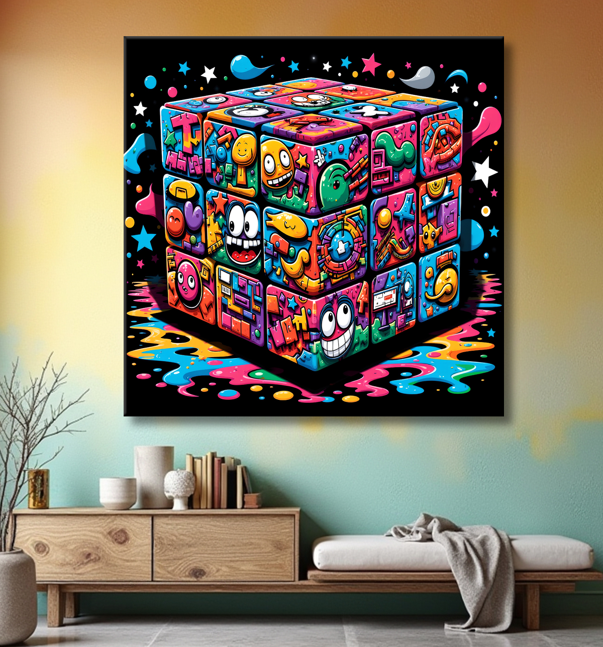 Tableau Rubik's Cube street art avec decor