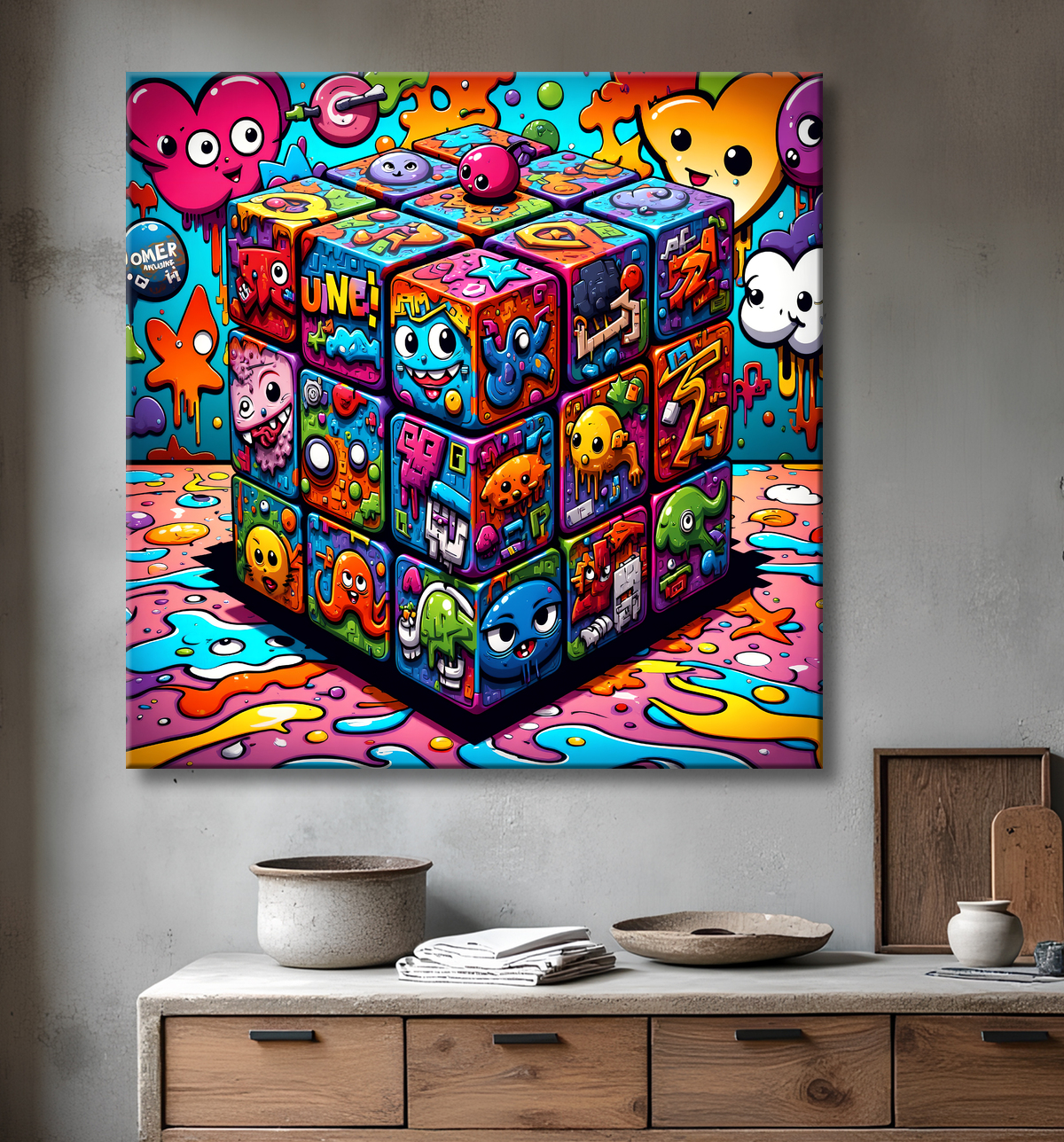 Tableau Rubik's Cube street art avec decor