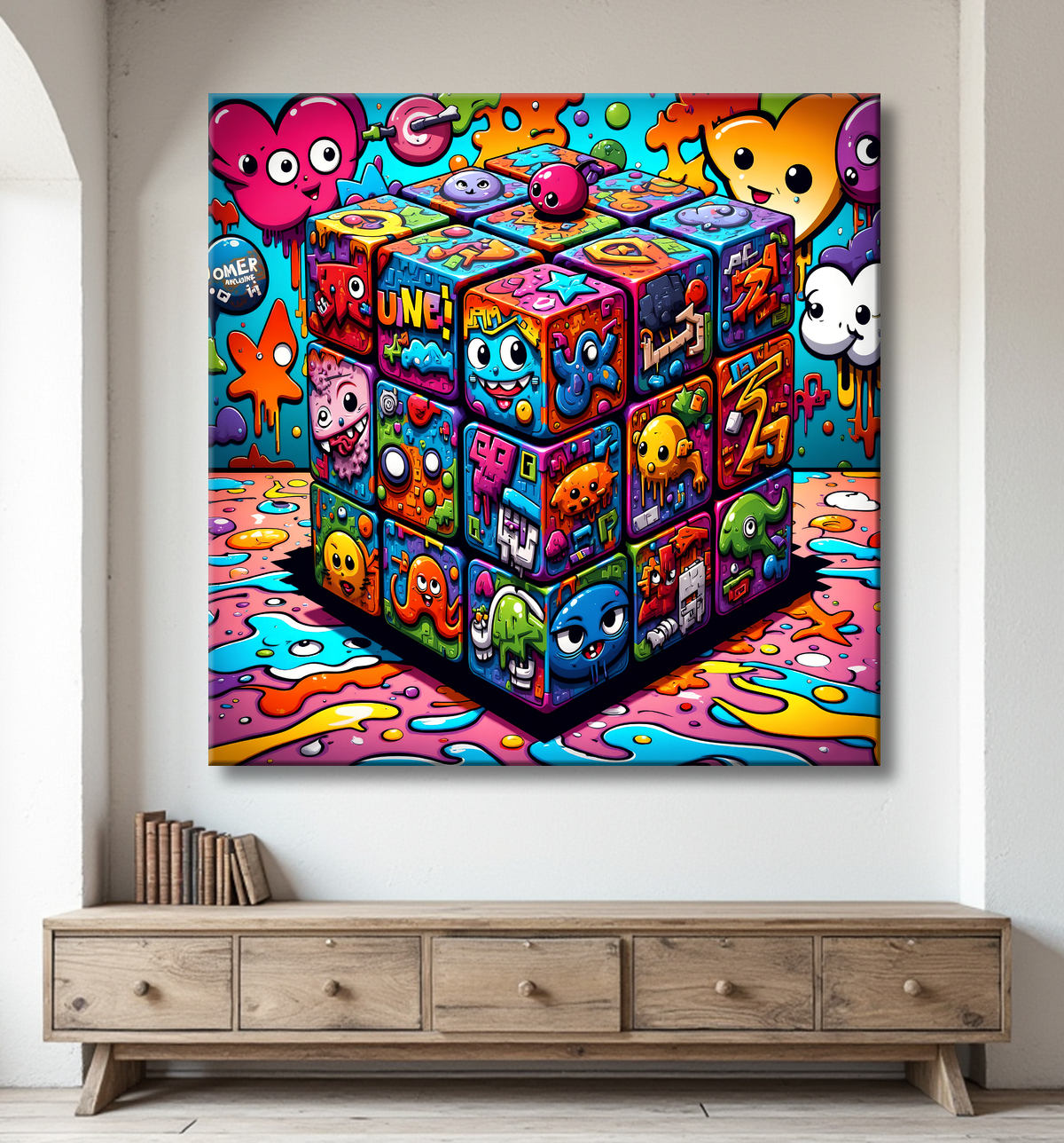 Tableau Rubik's Cube street art avec decor