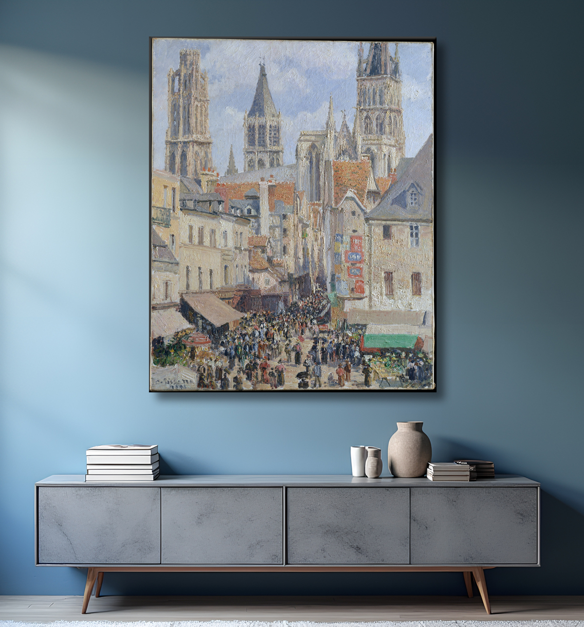 Reproduction Rue de l'Épicerie, Rouen (Effect of Sunlight) de Camille Pissarro avec decor