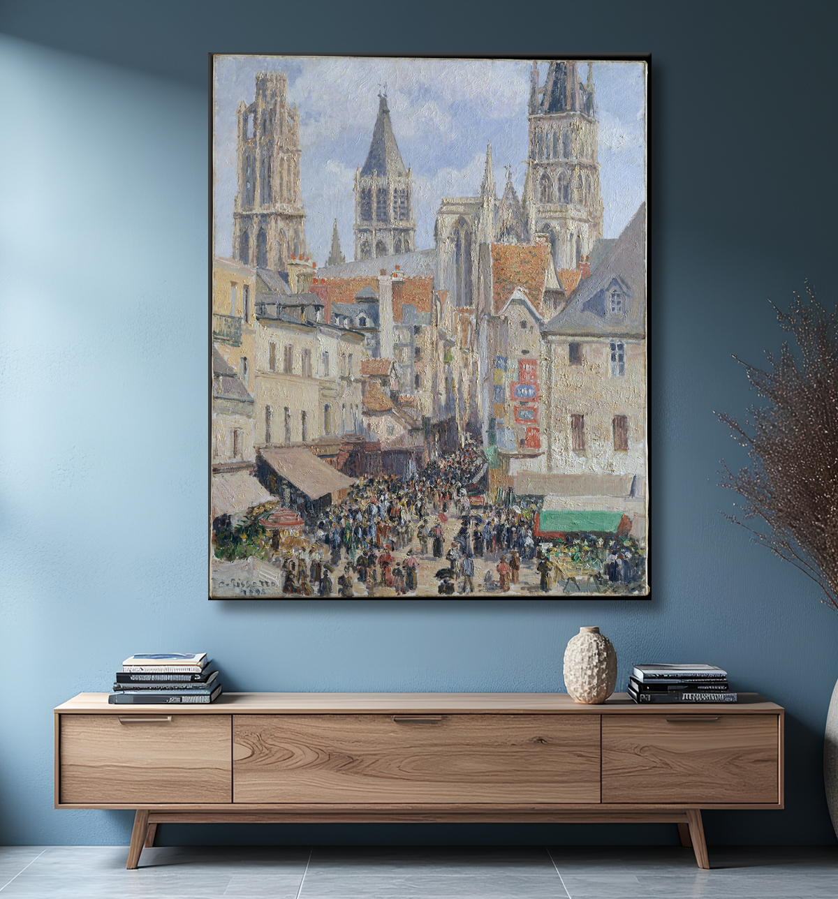 Reproduction Rue de l'Épicerie, Rouen (Effect of Sunlight) de Camille Pissarro avec decor