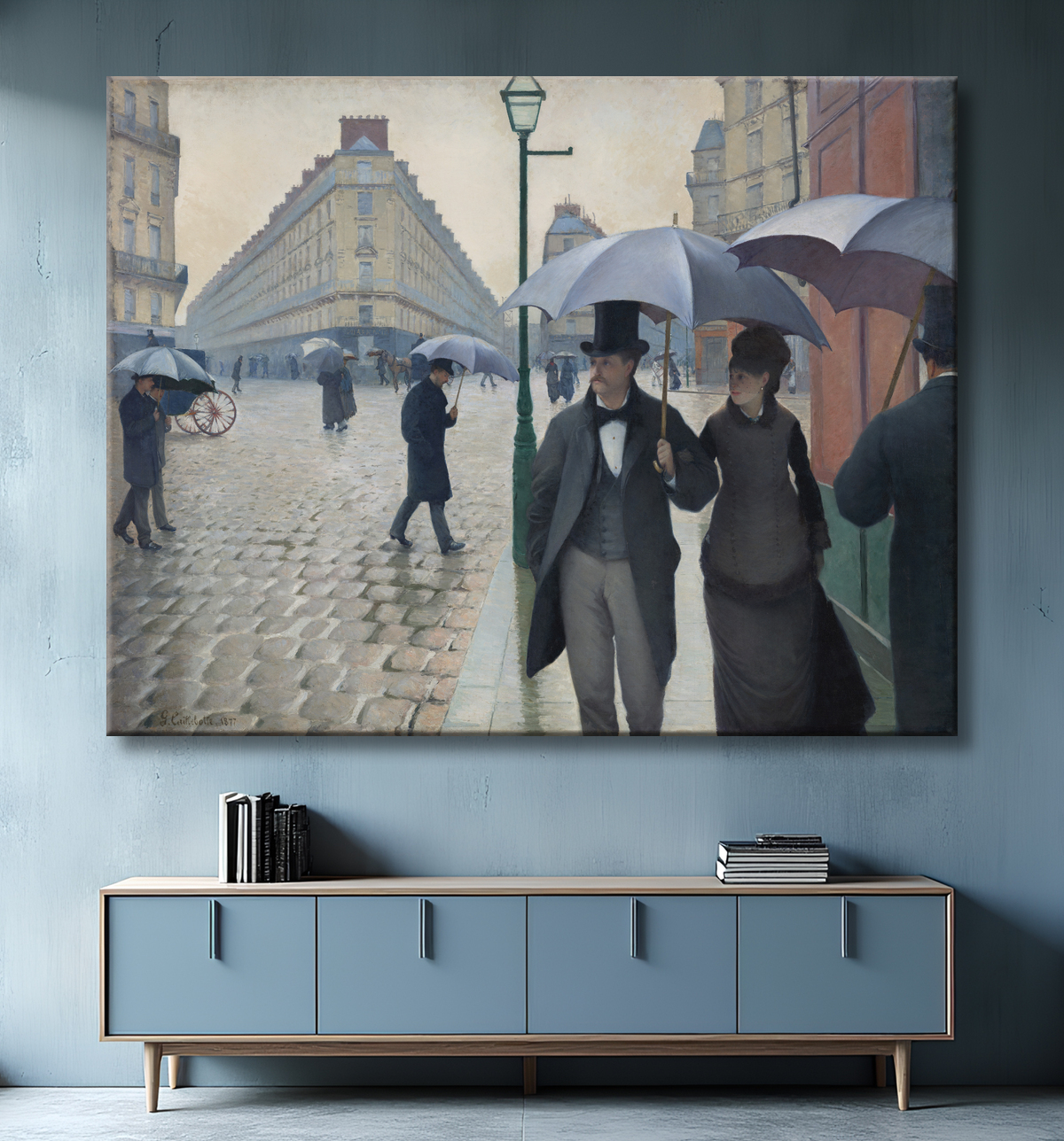 Reproduction Rue de Paris ; Jour de pluie de Gustave Caillebotte avec decor