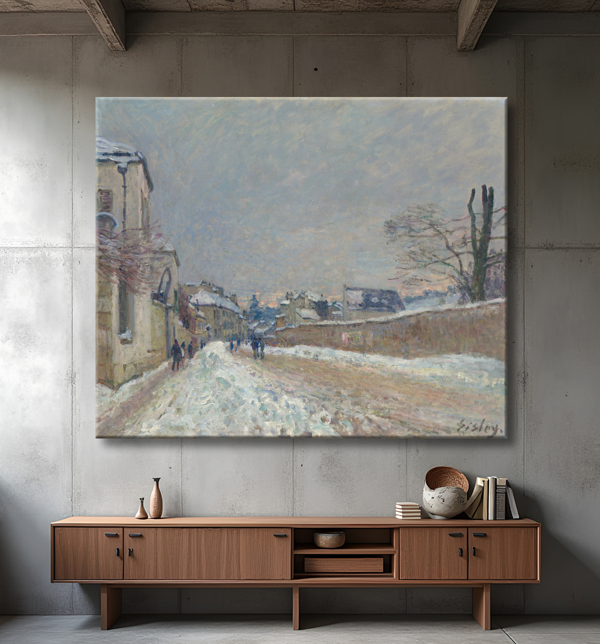 Reproduction Rue Eugène Moussoir at Moret: Winter de Alfred Sisley avec decor