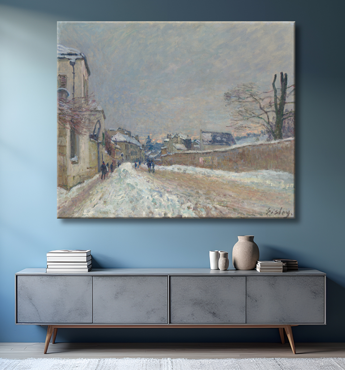 Reproduction Rue Eugène Moussoir at Moret: Winter de Alfred Sisley avec decor