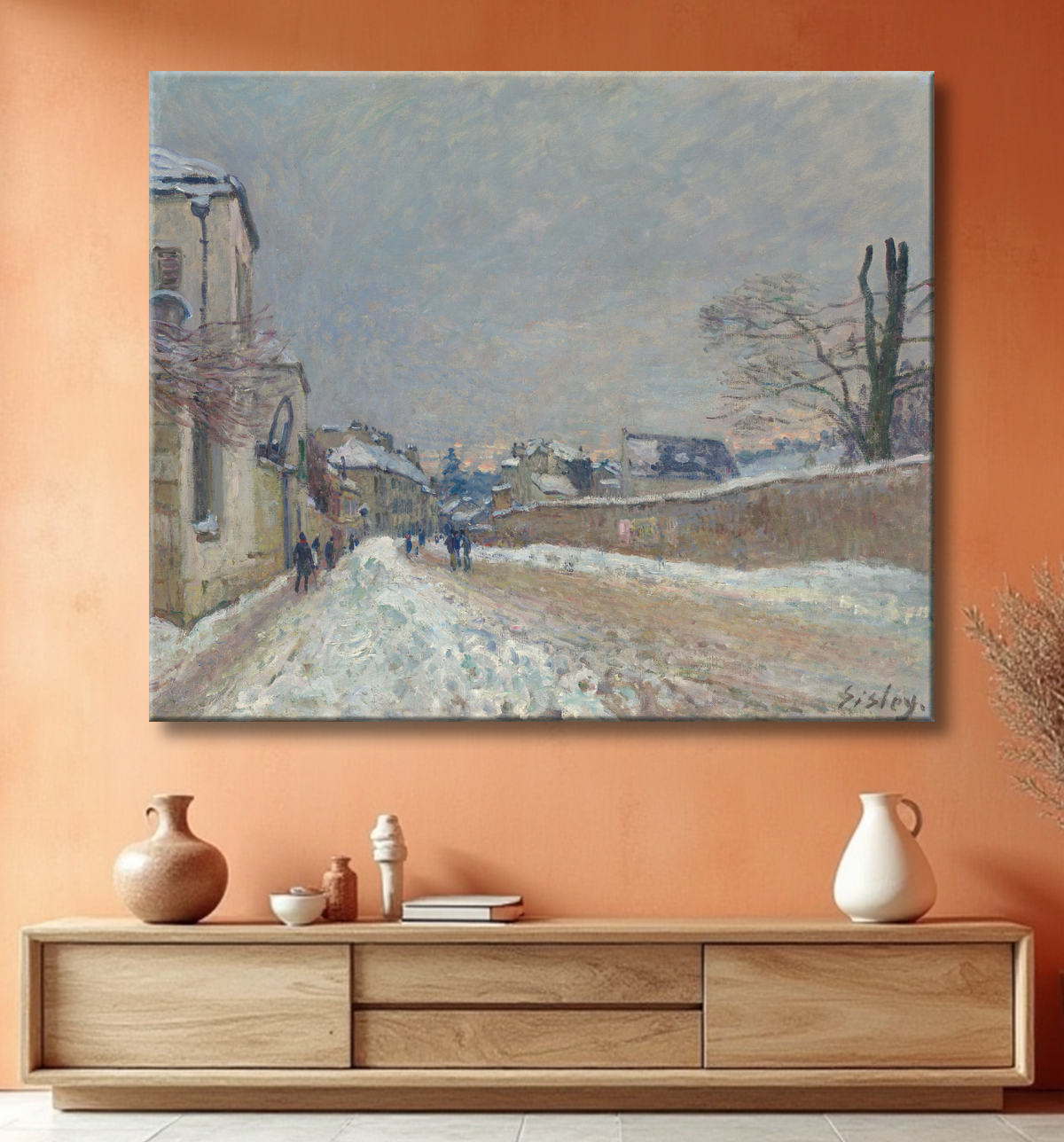 Reproduction Rue Eugène Moussoir at Moret: Winter de Alfred Sisley avec decor