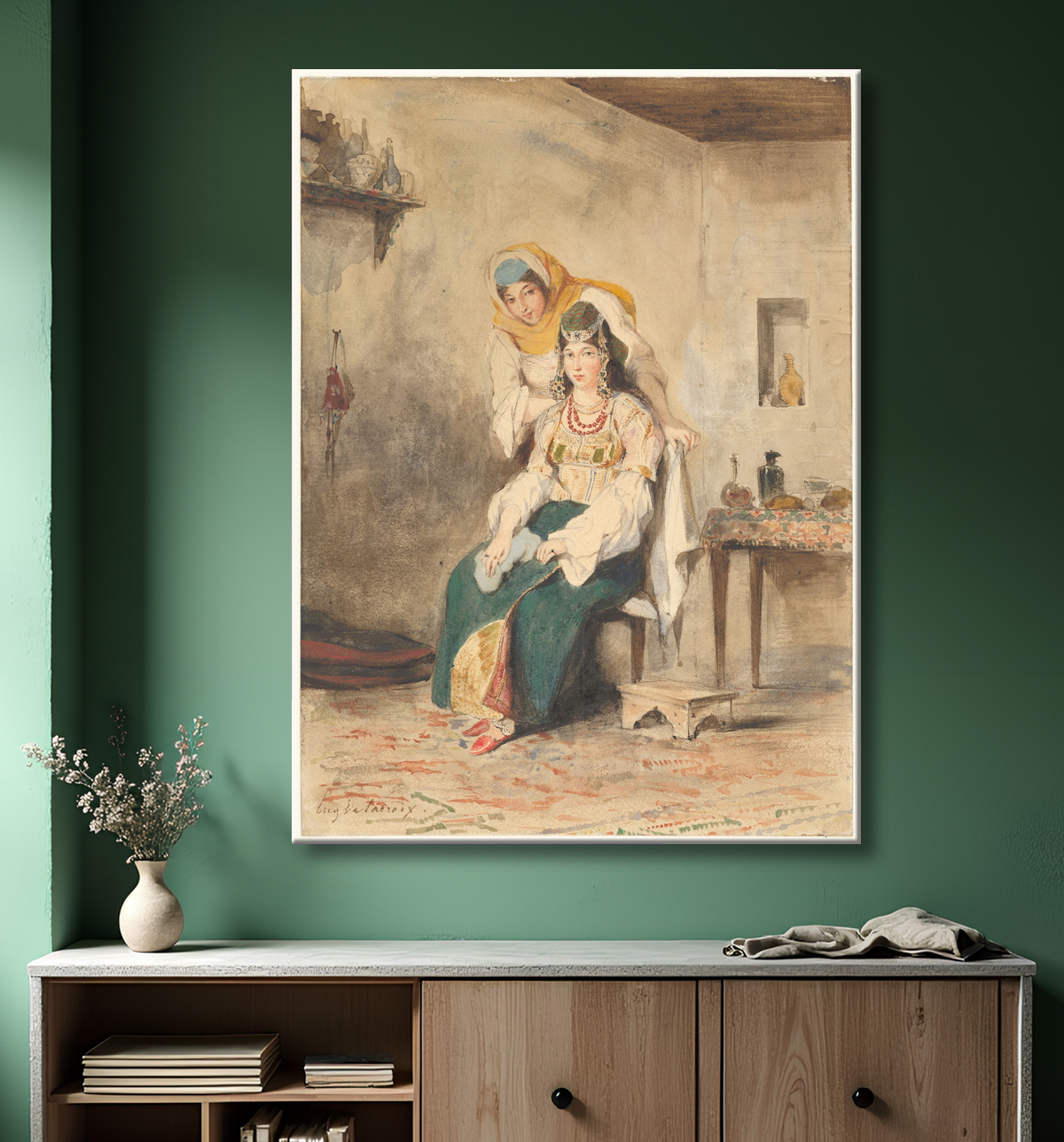 Reproduction Saada, l'épouse d'Abraham Ben-Chimol, et Préciada, une de leurs filles de Eugène Delacroix avec decor