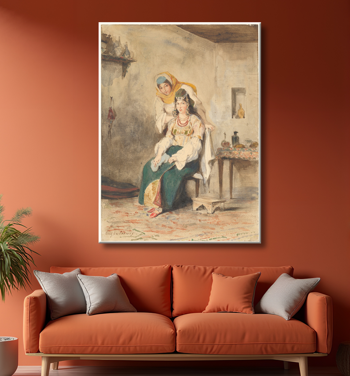 Reproduction Saada, l'épouse d'Abraham Ben-Chimol, et Préciada, une de leurs filles de Eugène Delacroix avec decor