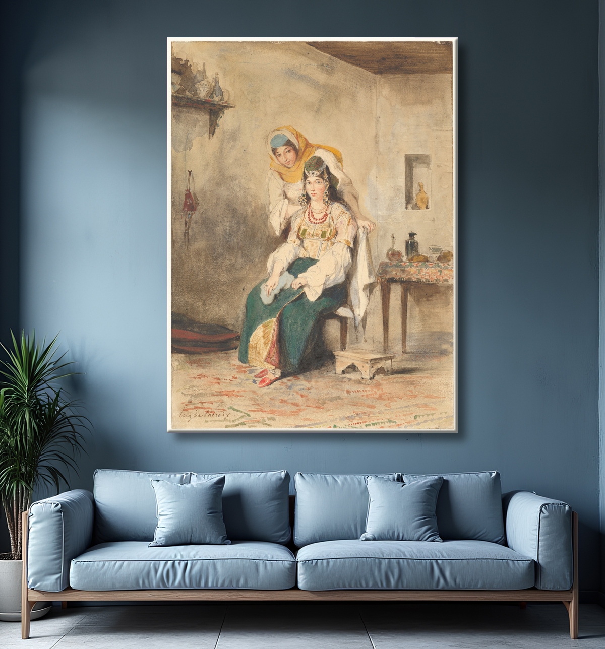Reproduction Saada, l'épouse d'Abraham Ben-Chimol, et Préciada, une de leurs filles de Eugène Delacroix avec decor