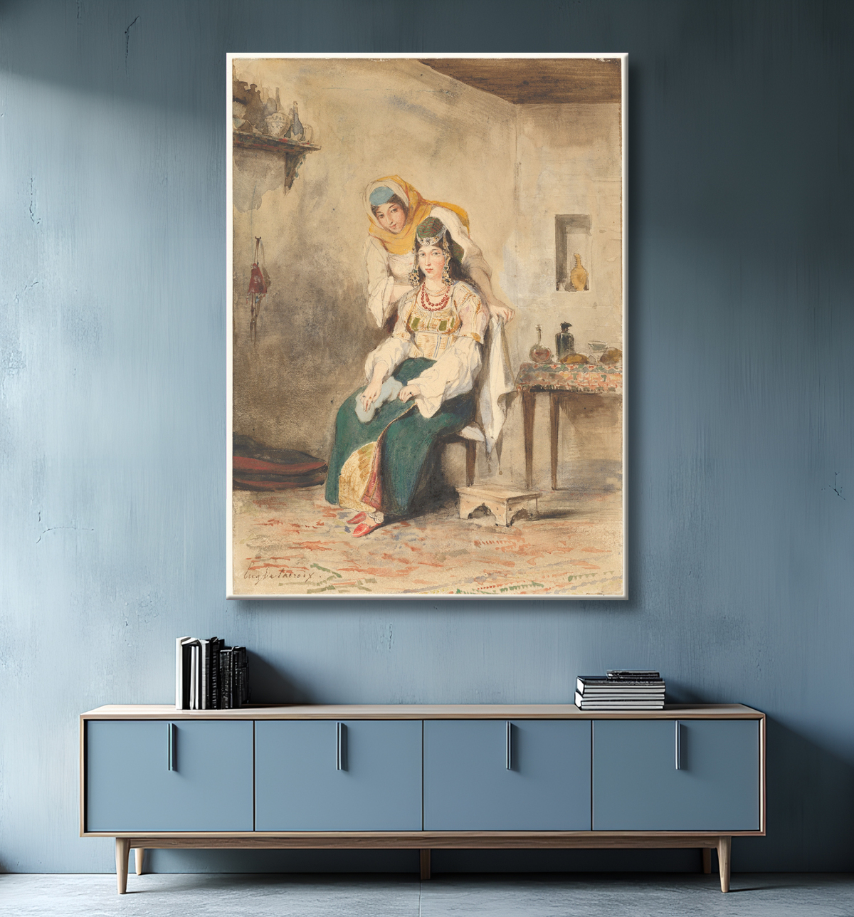 Reproduction Saada, l'épouse d'Abraham Ben-Chimol, et Préciada, une de leurs filles de Eugène Delacroix avec decor