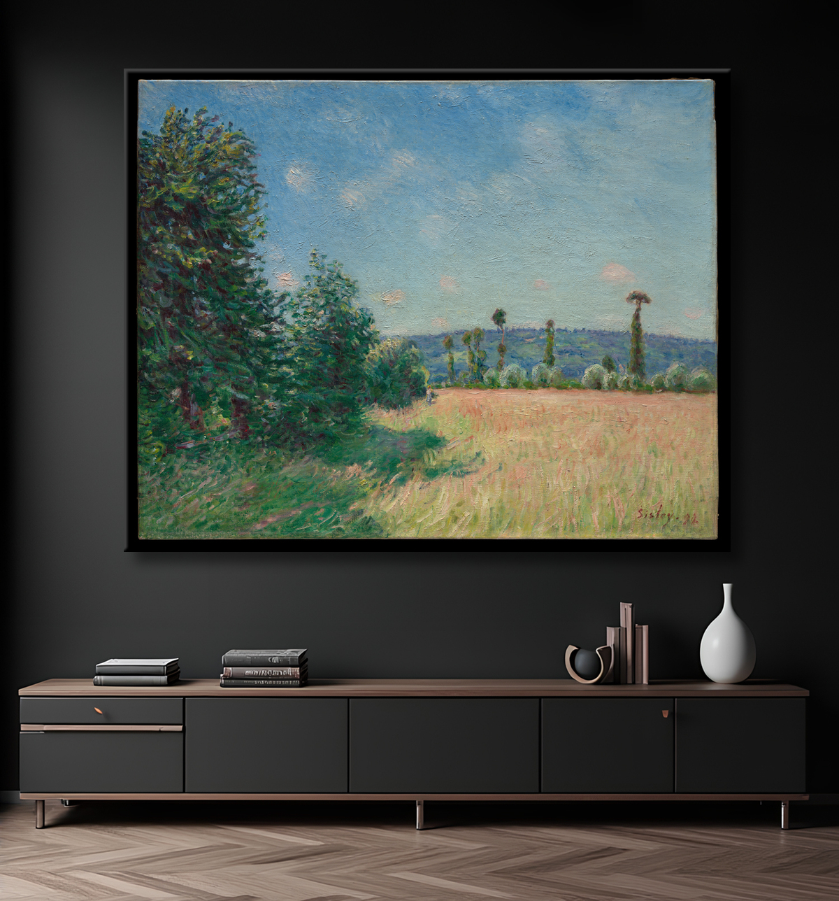 Reproduction Sahurs Meadows au soleil du matin de Alfred Sisley avec decor