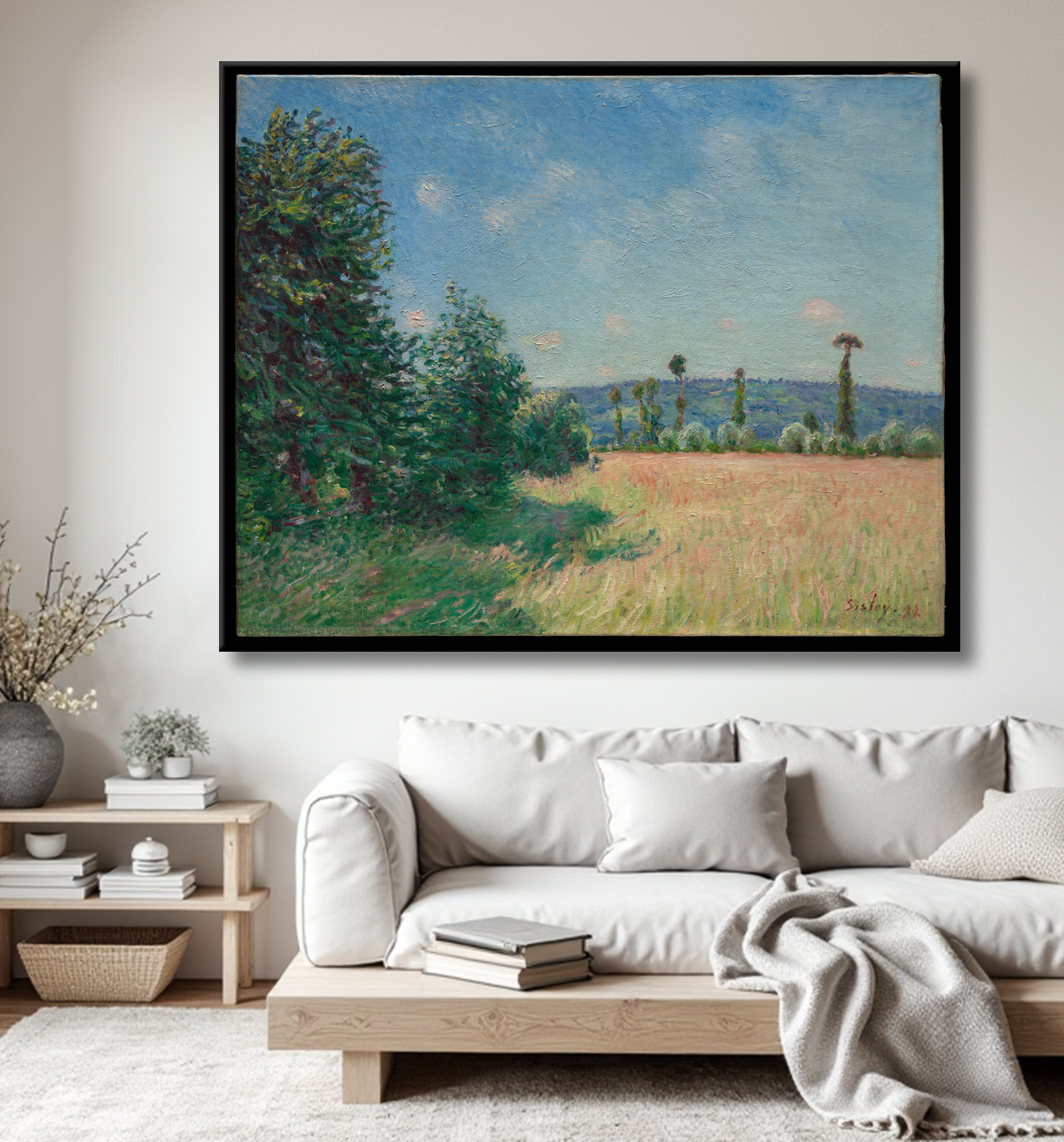 Reproduction Sahurs Meadows au soleil du matin de Alfred Sisley avec decor