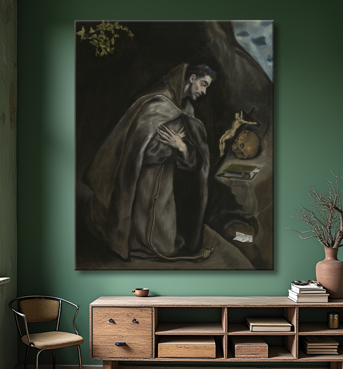 Reproduction Saint François agenouillé en méditation de Domenico Theotokópoulos, called El Greco avec decor