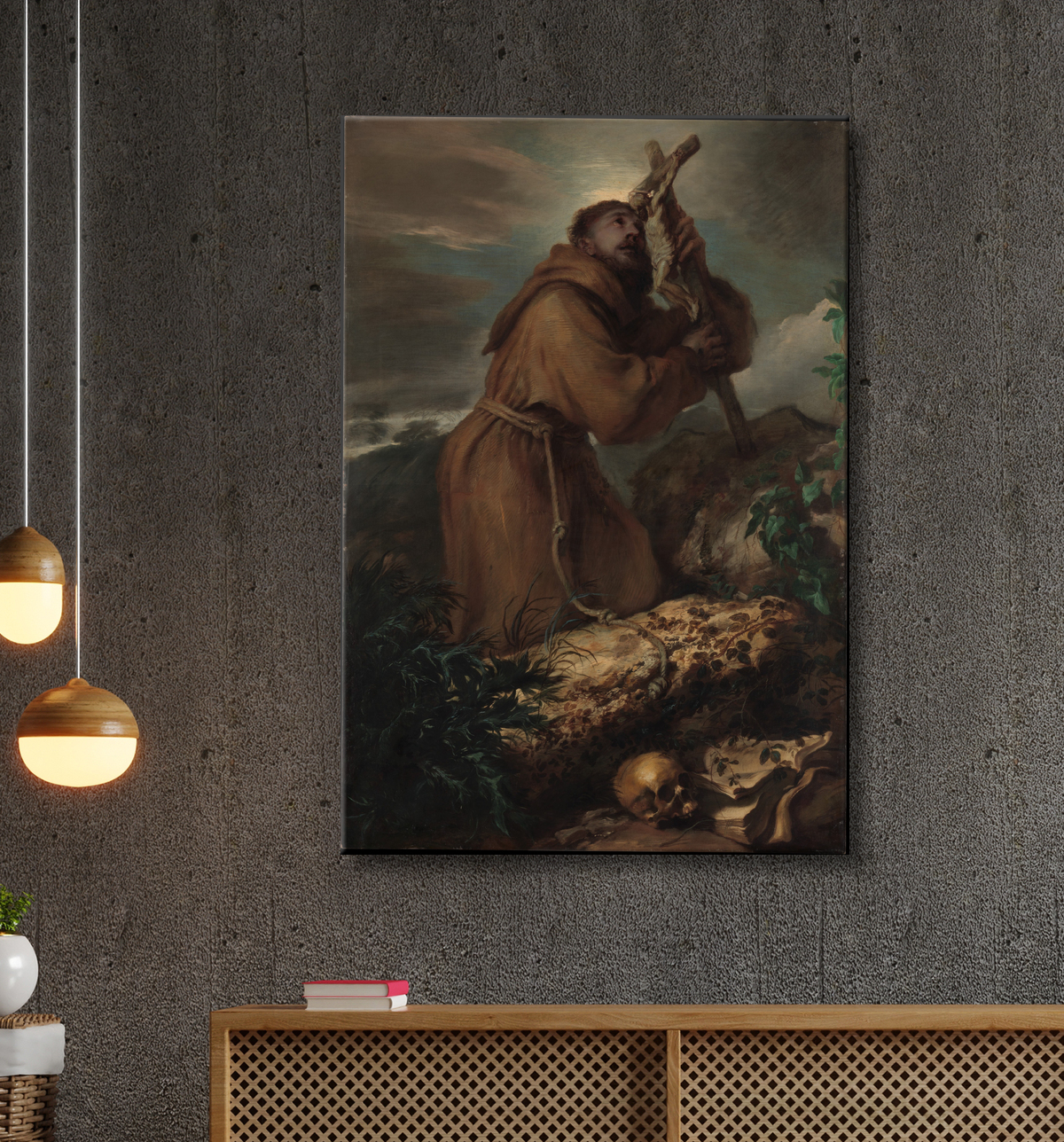 Reproduction Saint François en extase de Giovanni Benedetto Castiglione (Il Grechetto) avec decor