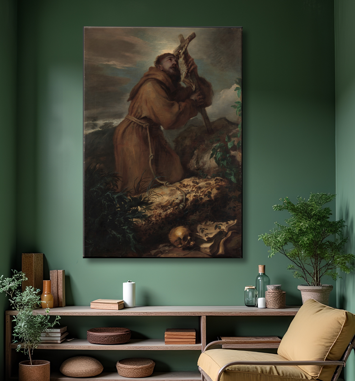 Reproduction Saint François en extase de Giovanni Benedetto Castiglione (Il Grechetto) avec decor