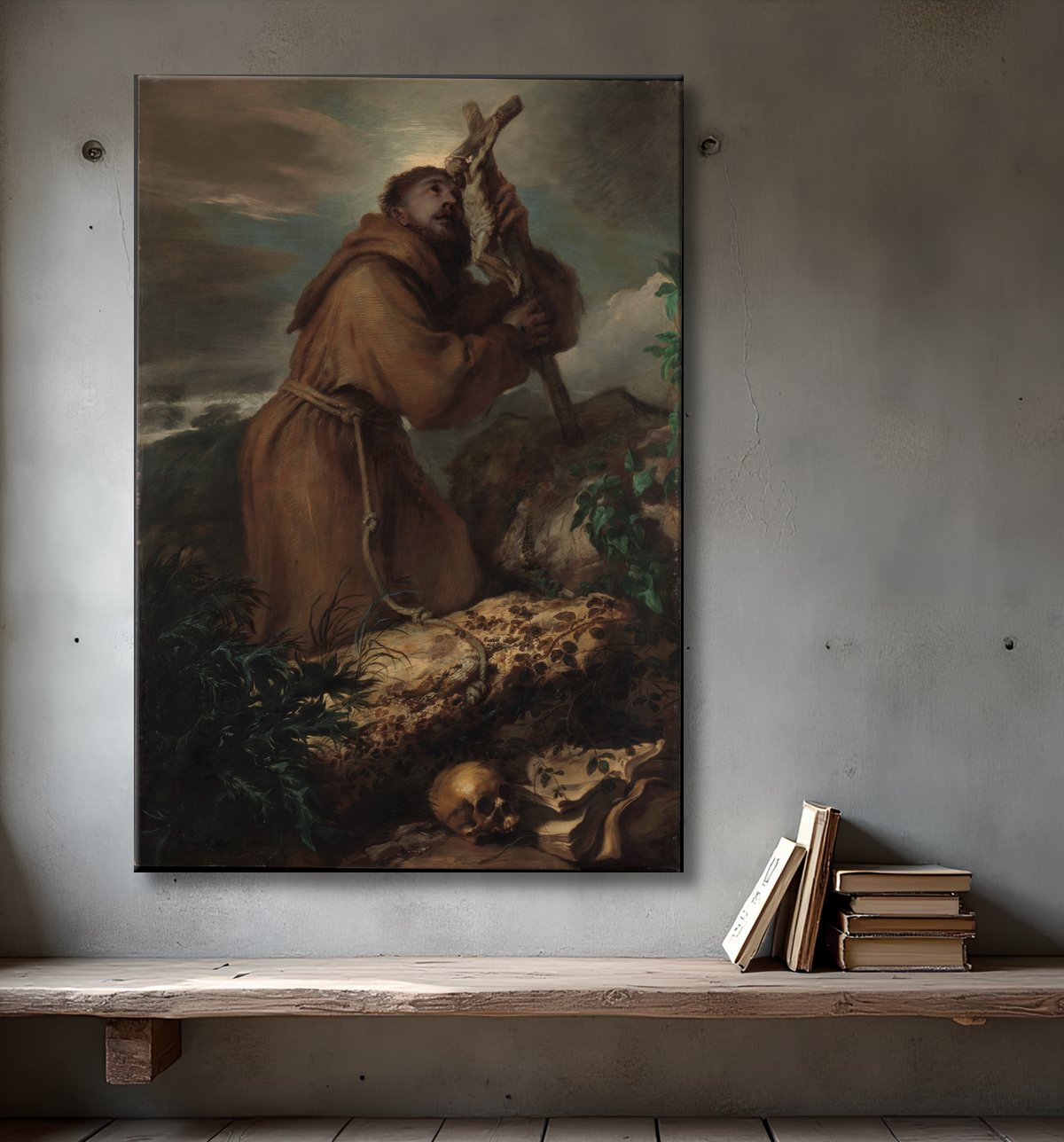 Reproduction Saint François en extase de Giovanni Benedetto Castiglione (Il Grechetto) avec decor