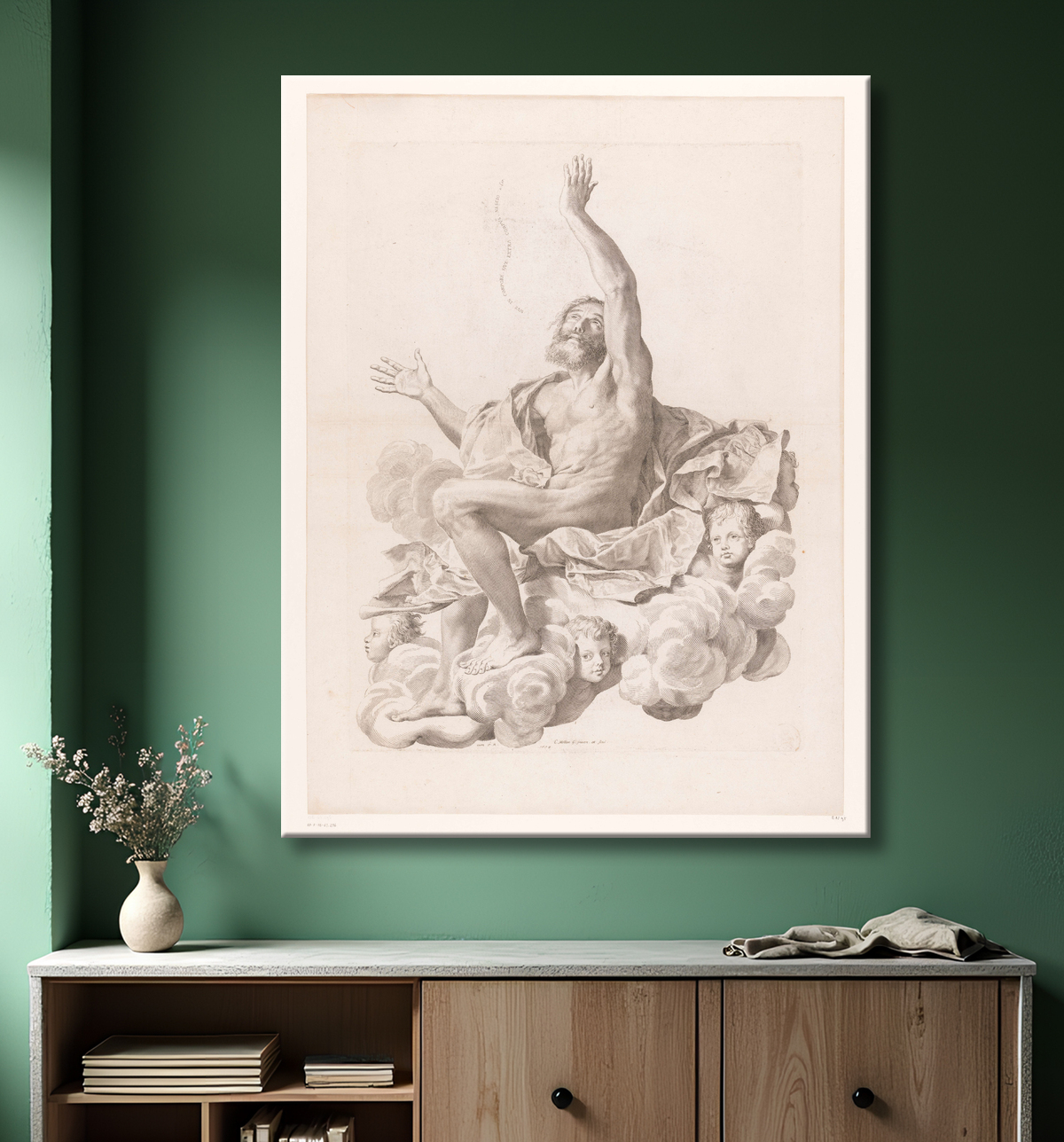 Reproduction Saint Paul sur nuage entouré de chérubins de Claude Mellan avec decor