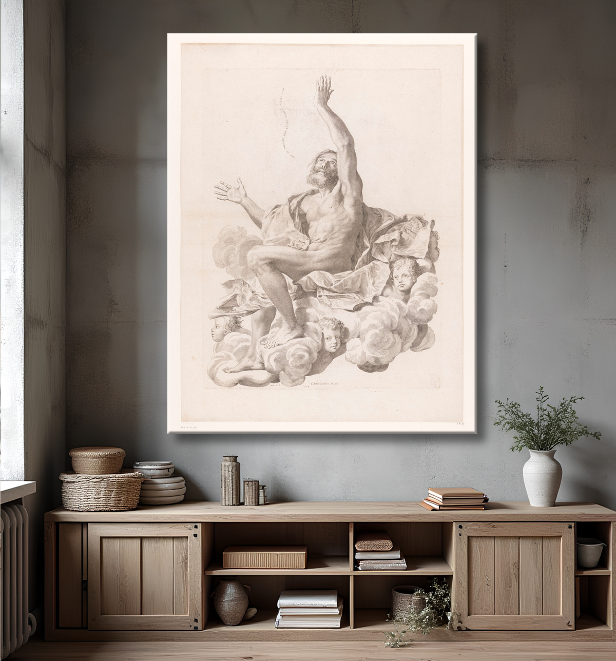 Reproduction Saint Paul sur nuage entouré de chérubins de Claude Mellan avec decor